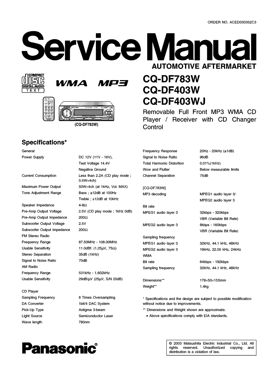 Panasonic CQDF-403-W, CQDF-403-WJ, CQDF-783-W Service manual