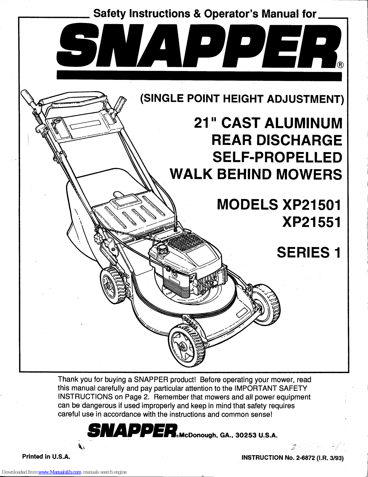 Snapper XP21551,XP21501 Safety Instructions & Operator's Manual