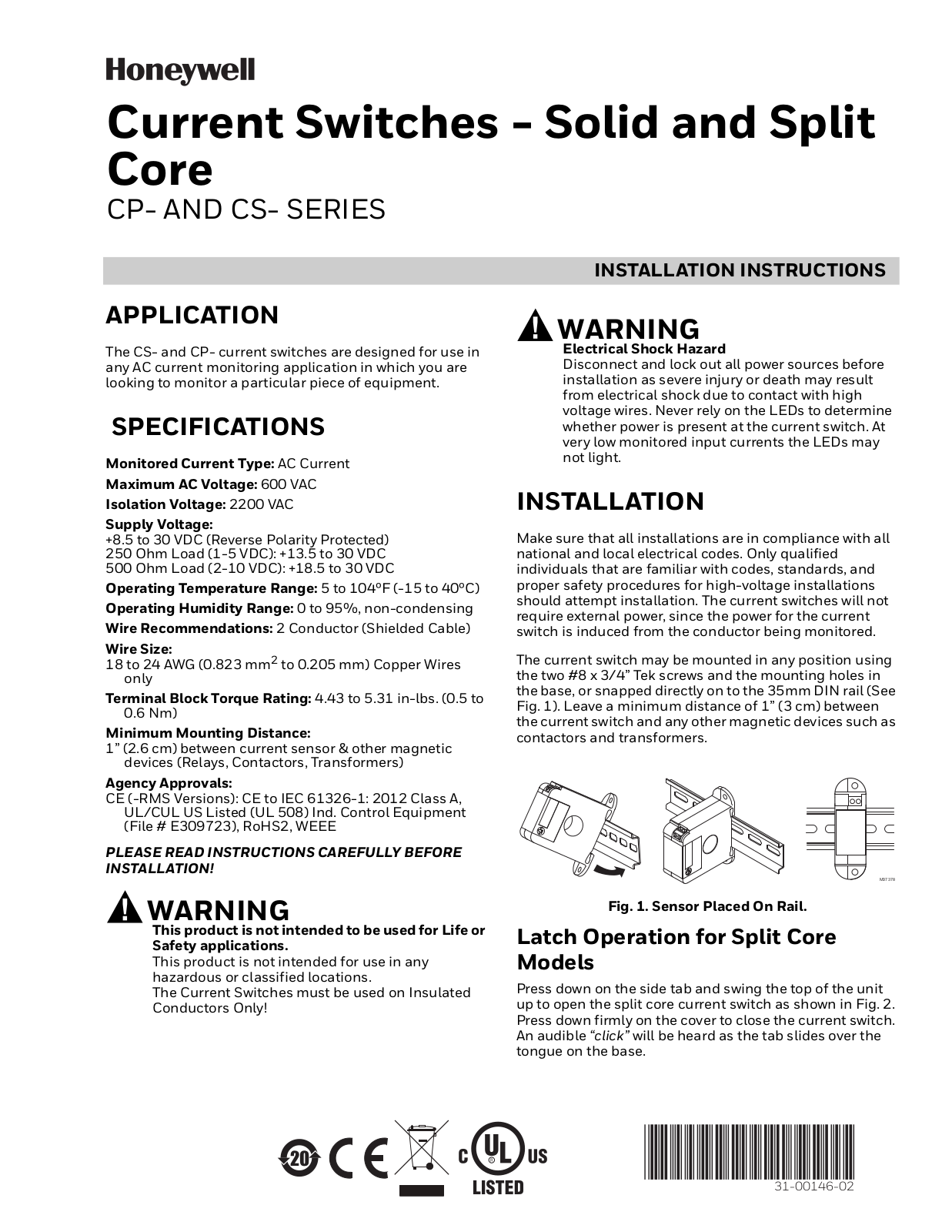 Honeywell CP SERIES, CS SERIES Installation Instructions