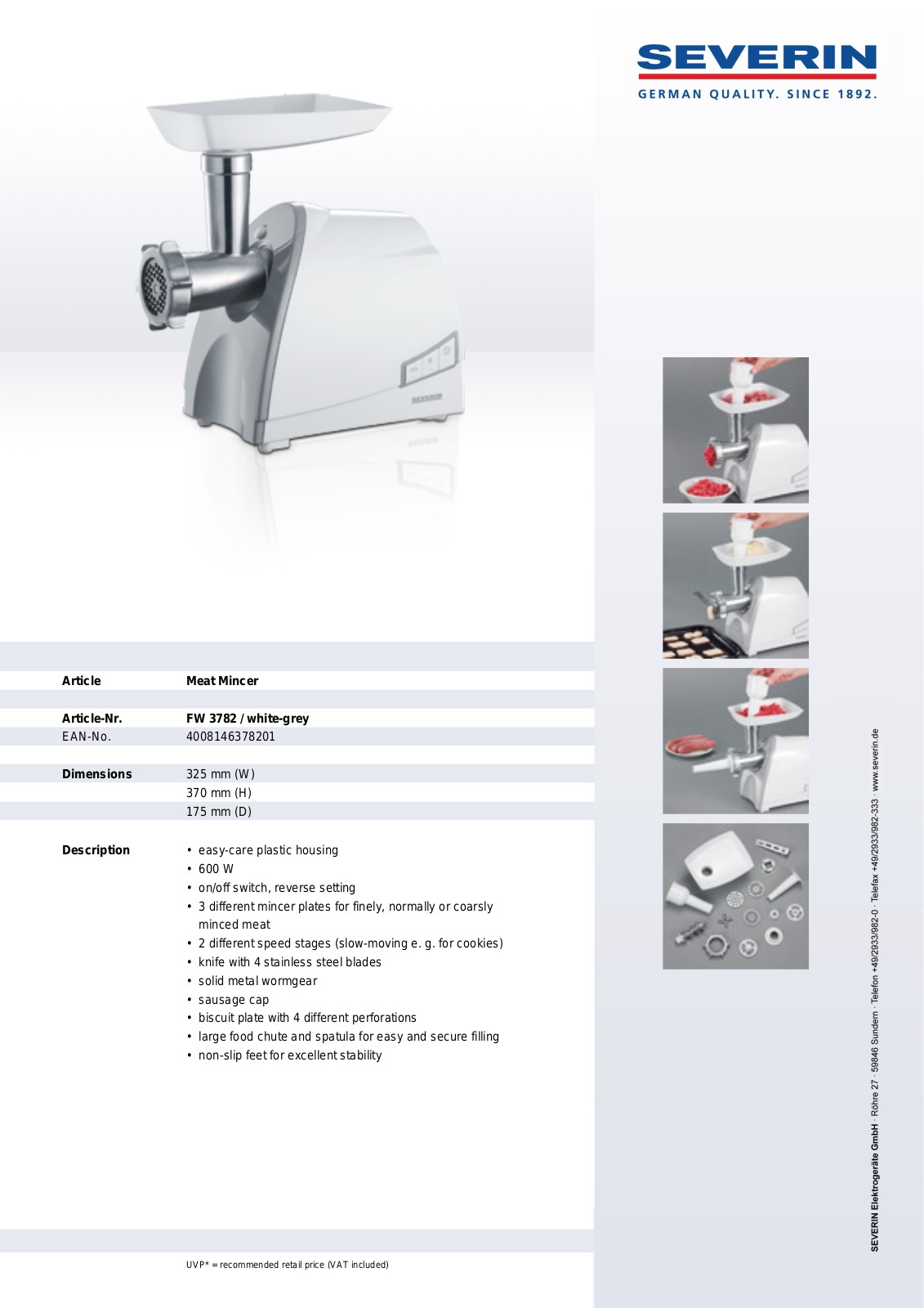 Severin MEAT MINCER, FW 3782 User Manual