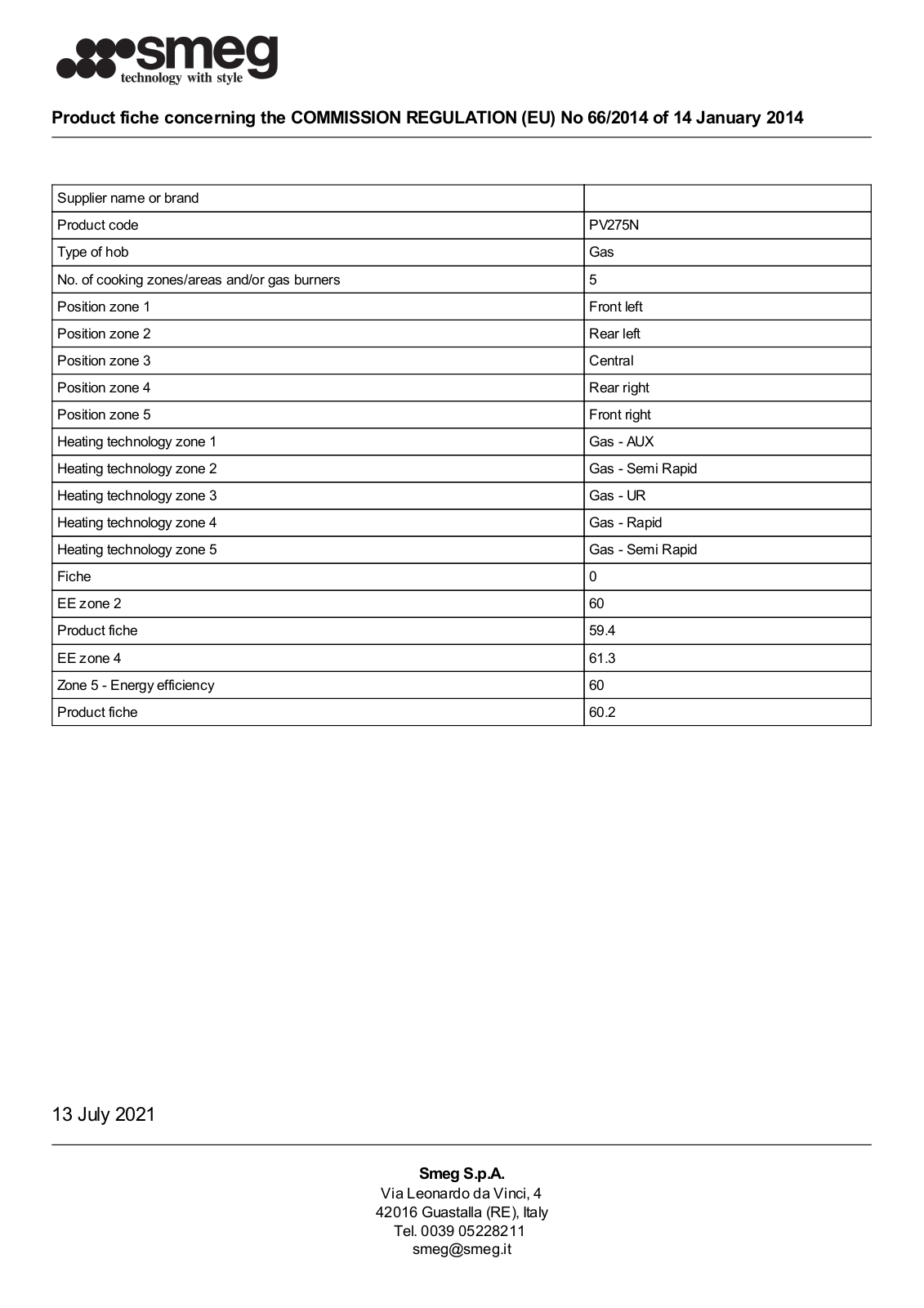 Smeg PV275N product information sheet