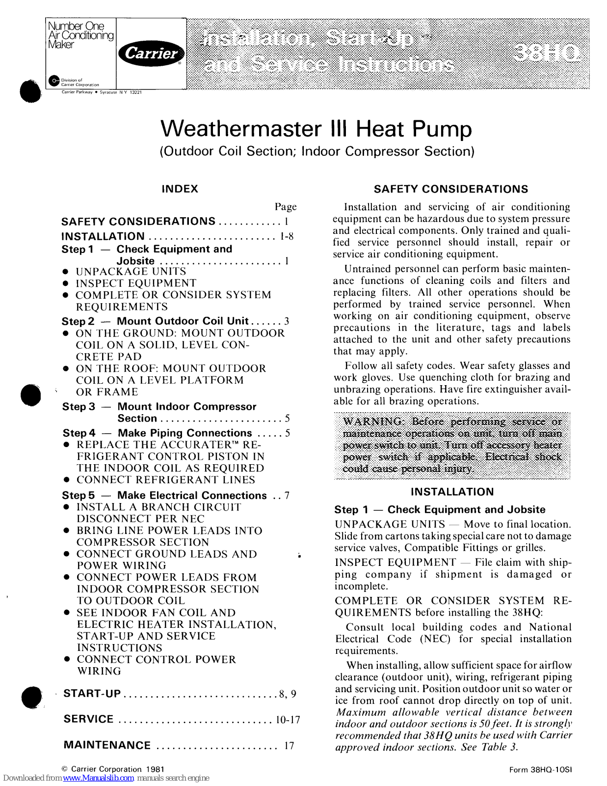 Carrier 38HQ, 38HQ120, 38HQ127, 38HQ134, 38HQ140 Installation, Start-up And Service Instructions Manual