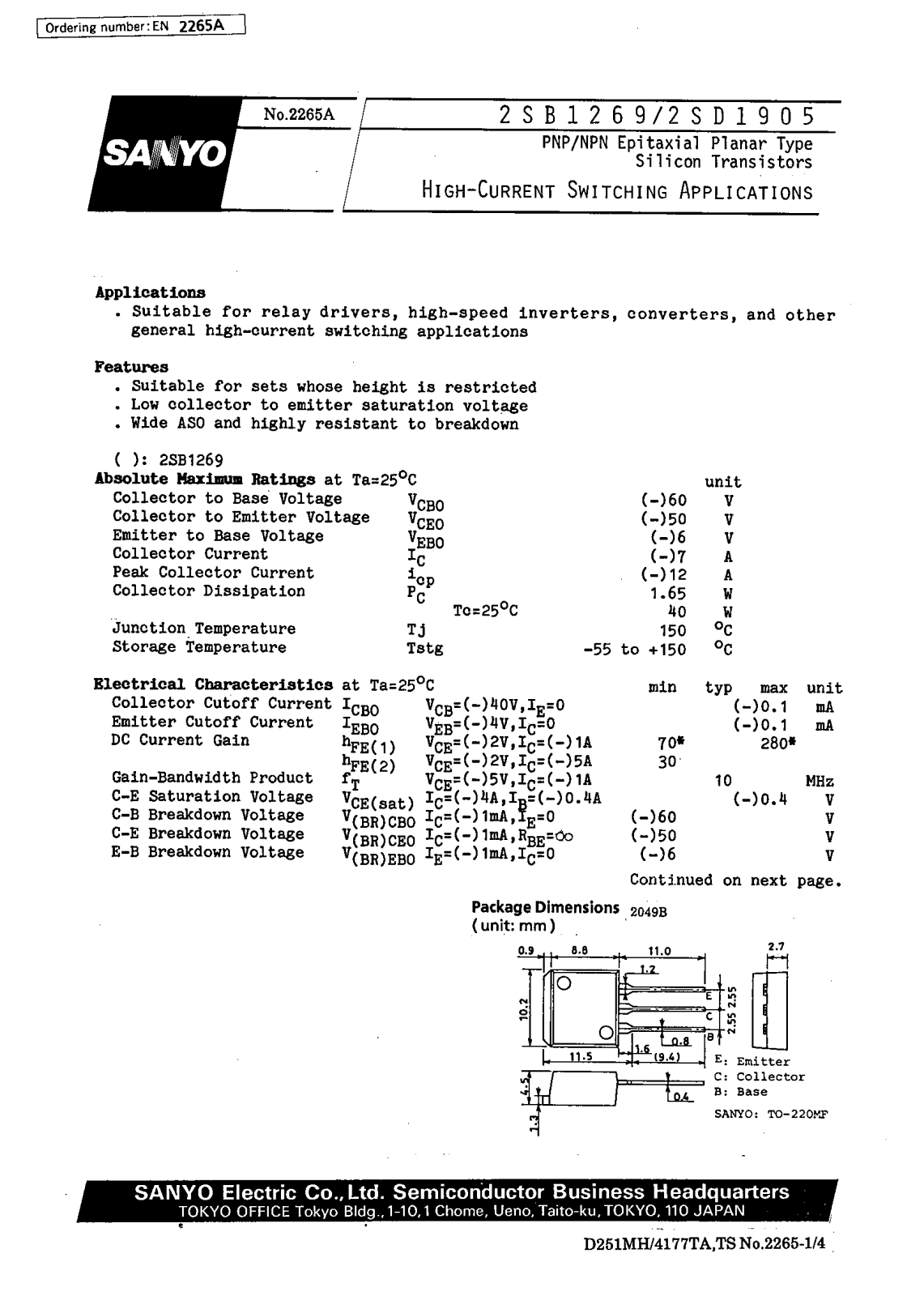 SANYO 2SD1905, 2SB1269 Datasheet