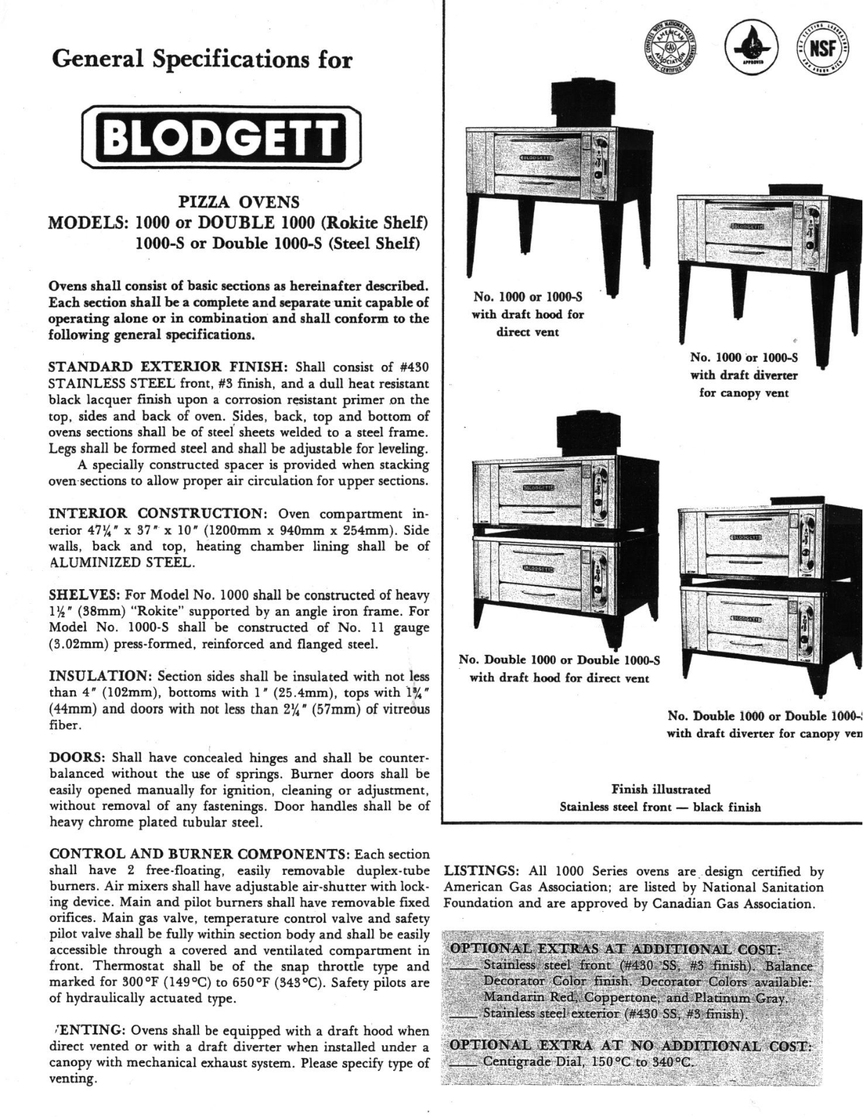 Blodgett 1000 Specifications