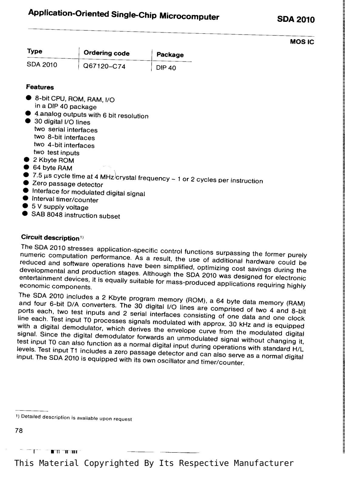 Siemens SDA2010 Datasheet