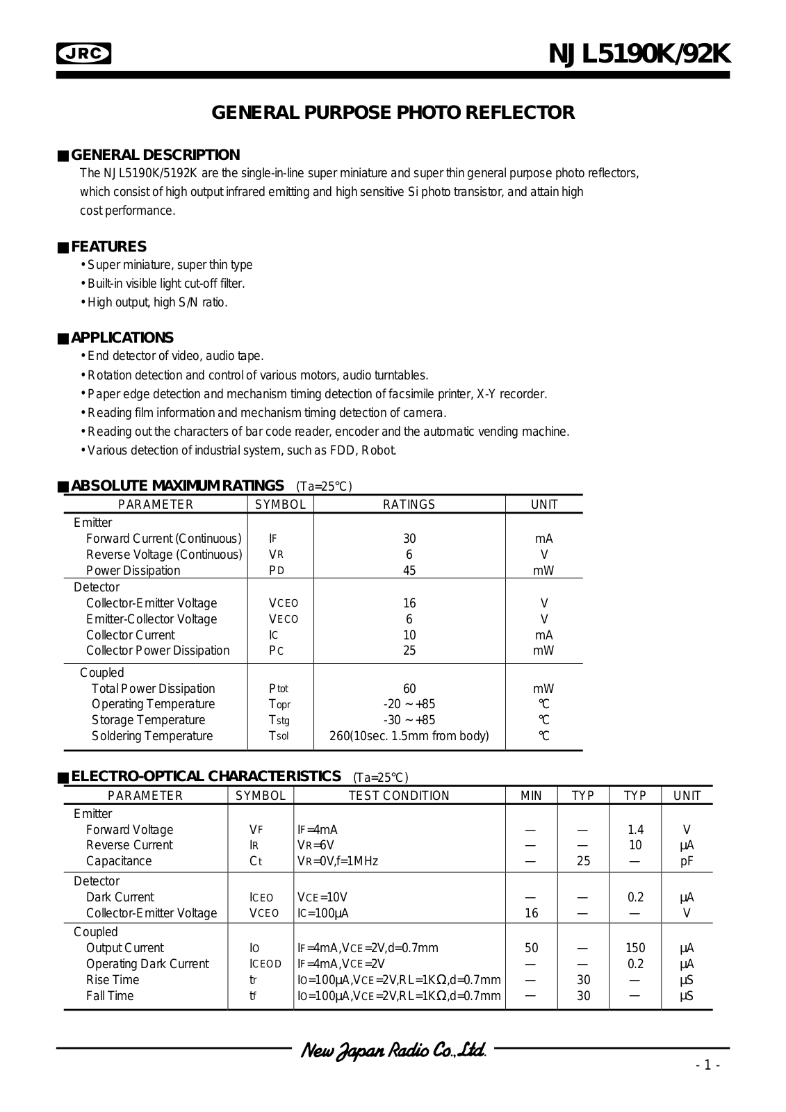 JRC NJL5190K-F, NJL5192K-F, NJL5190K, NJL5192K Datasheet