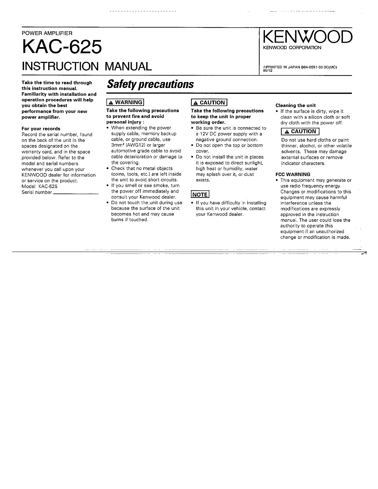 Kenwood KAC-625 User Manual