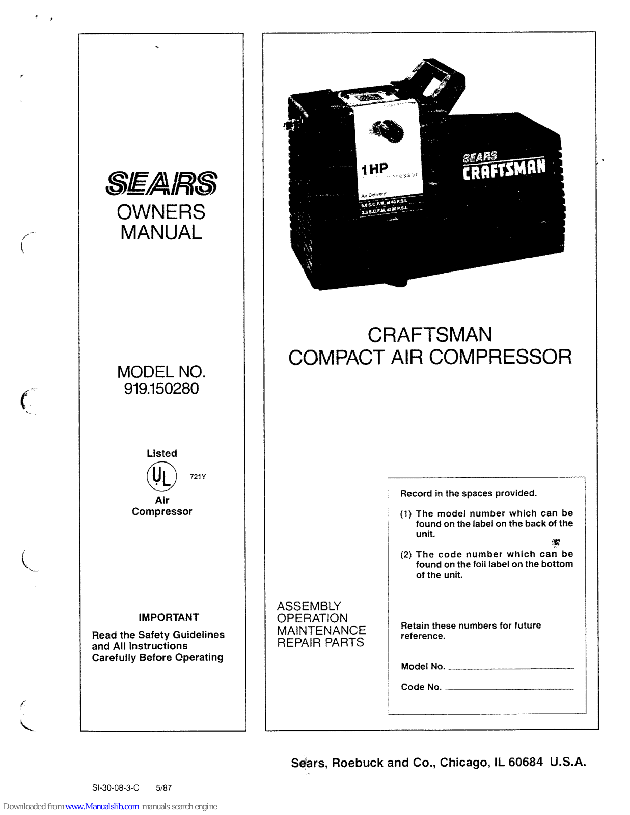 Sears Craftsman 919.150280,113.177030,315.172050 Owner's Manual