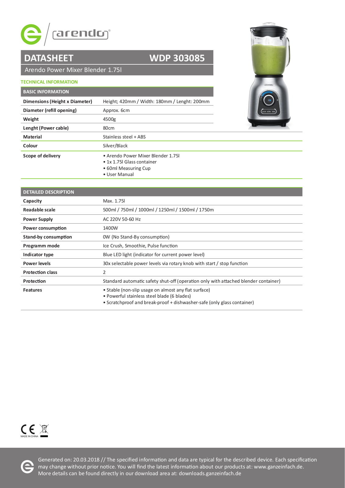 Arendo WDP 303085 data sheet - ManualMachine.com