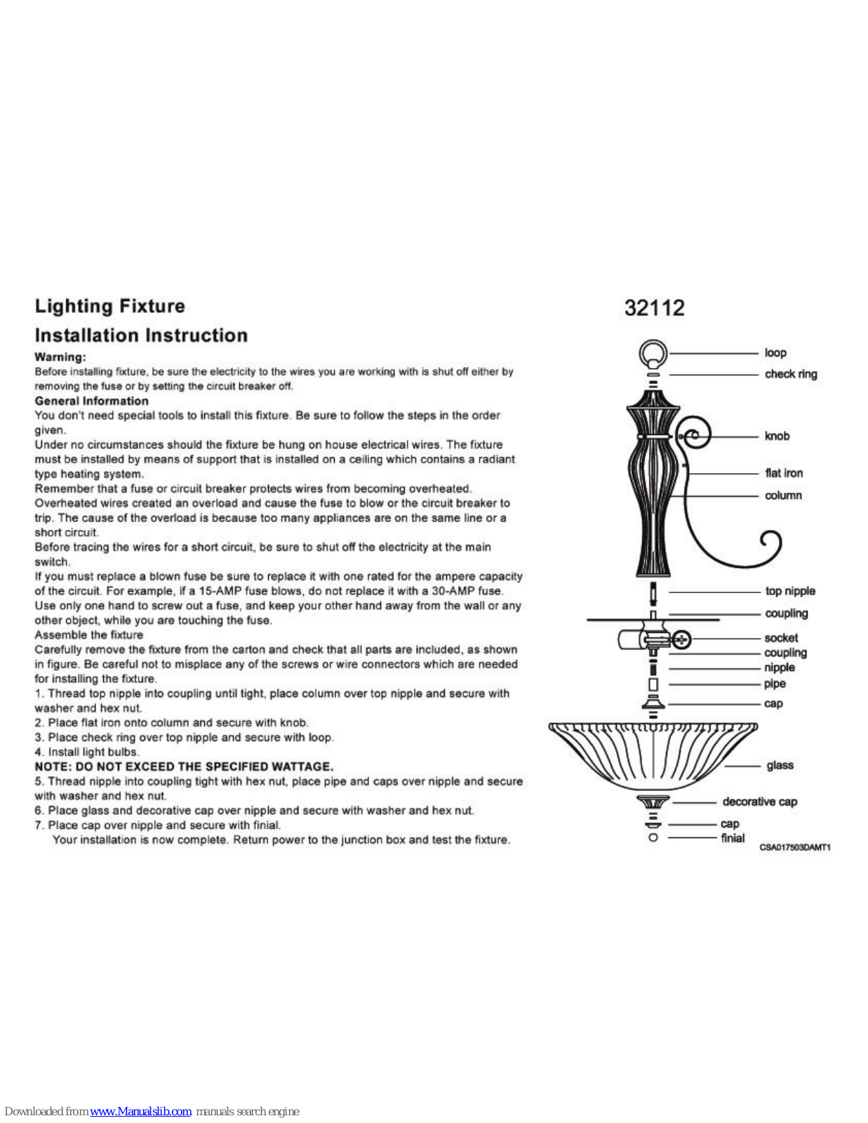 Triarch Lighting Fixture 32112 Installation Instructions Manual