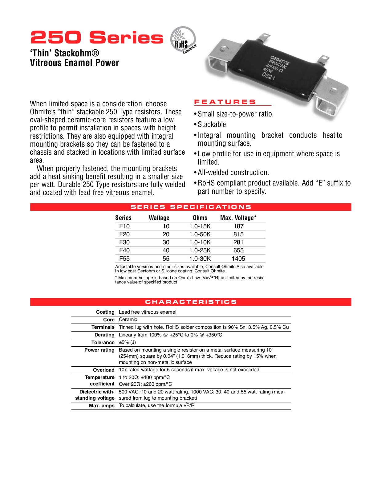 Ohmite 250 Series Data Sheet