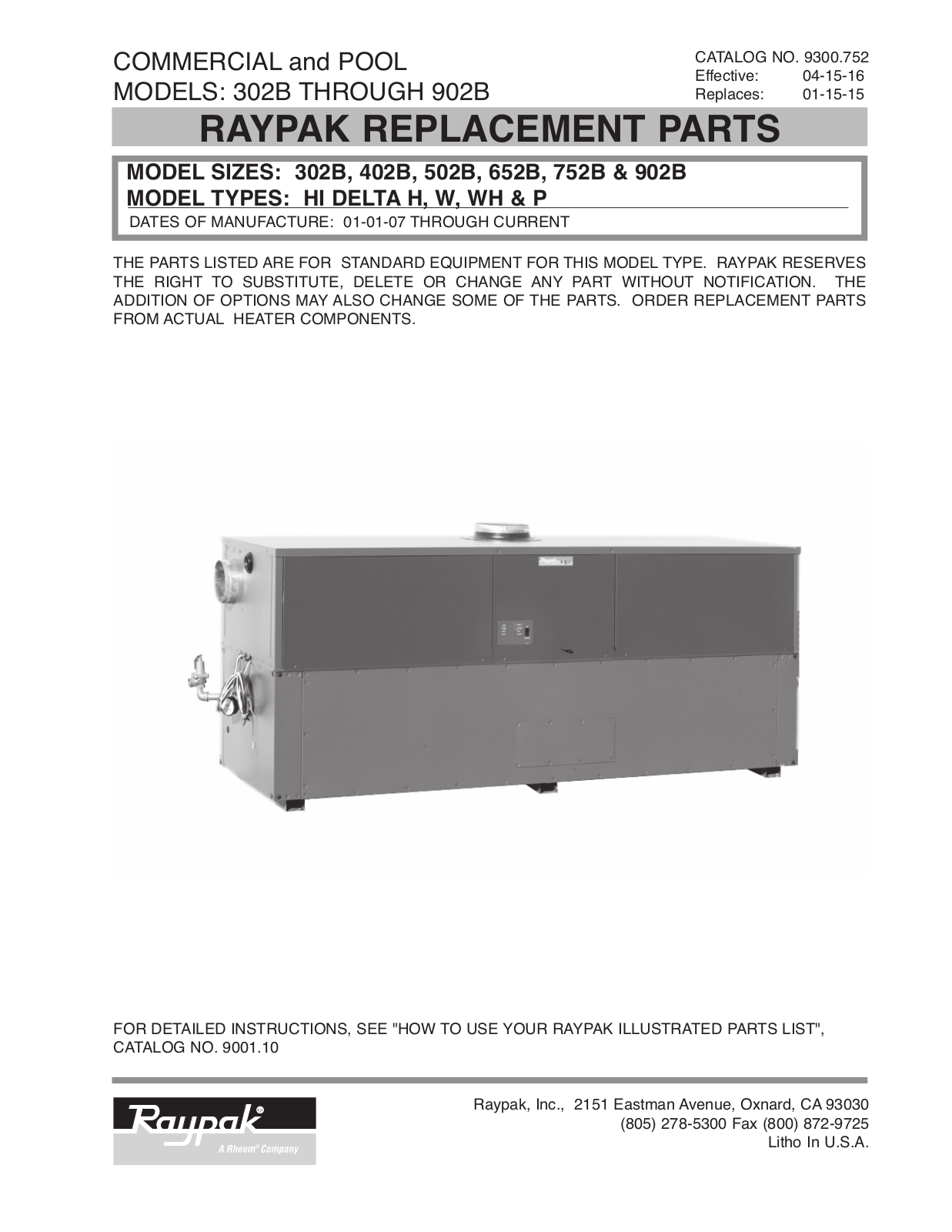 Raypak P-302B Parts List