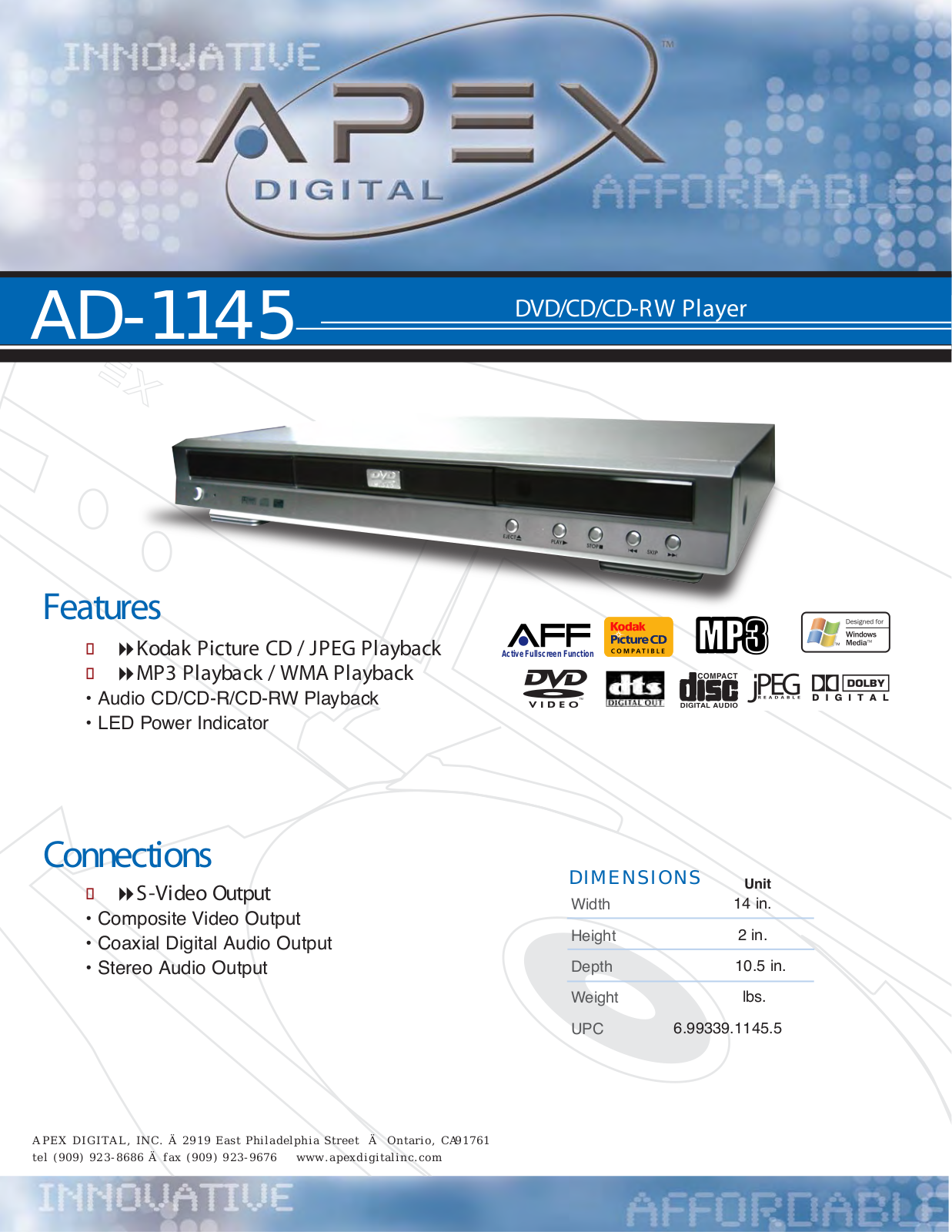 APEX Digital AD1145 Product Sheets