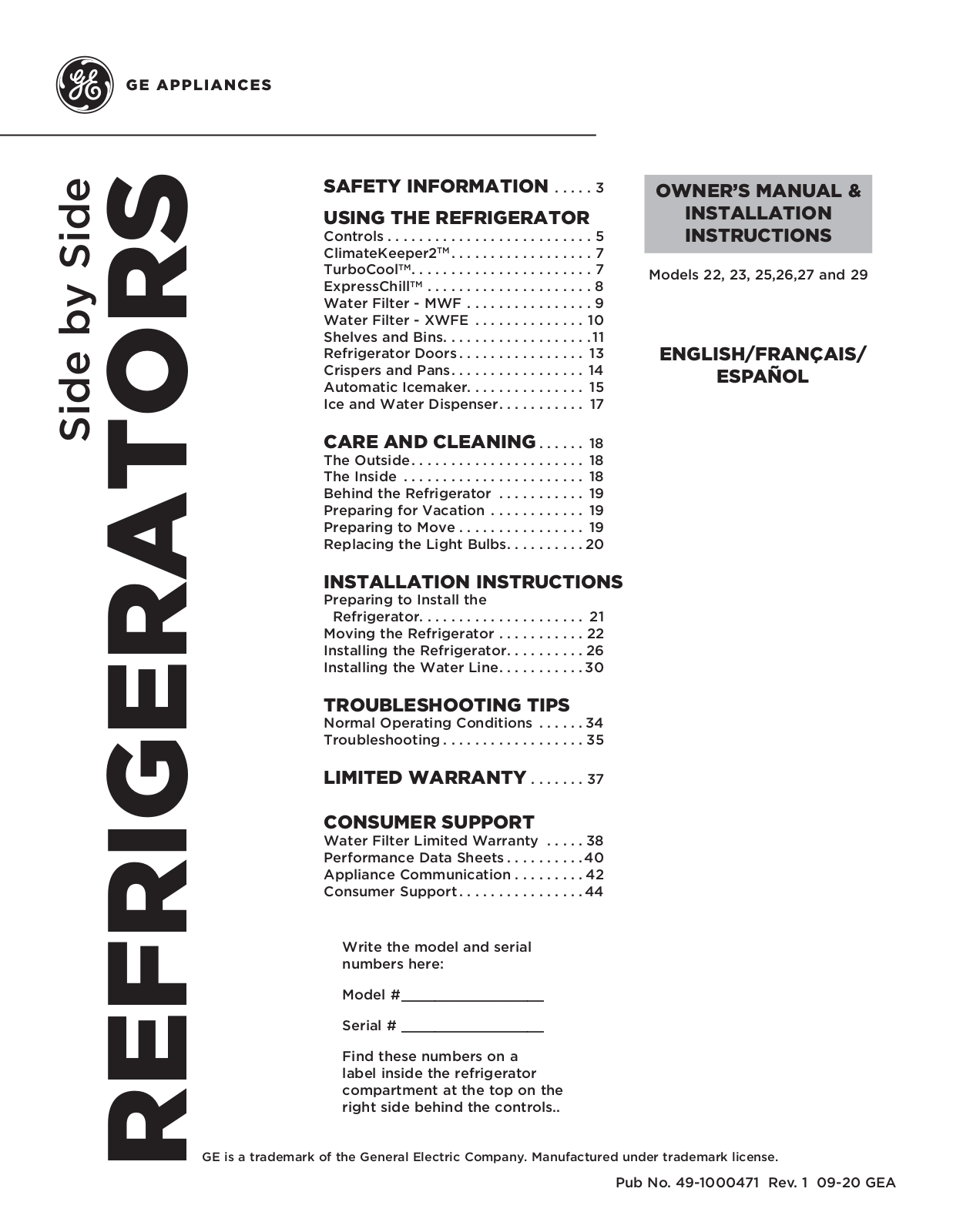 GE GSE25GGHBB, GSS25GSHSS, GSS23GGKBB, GZS22IENDS Owner's Manual & Installation Guide