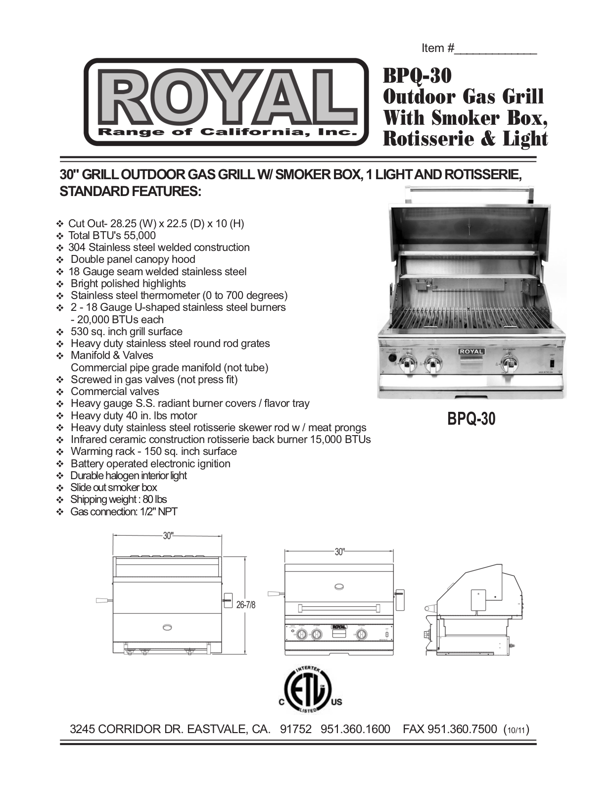 Royal Range BPQ-30 User Manual