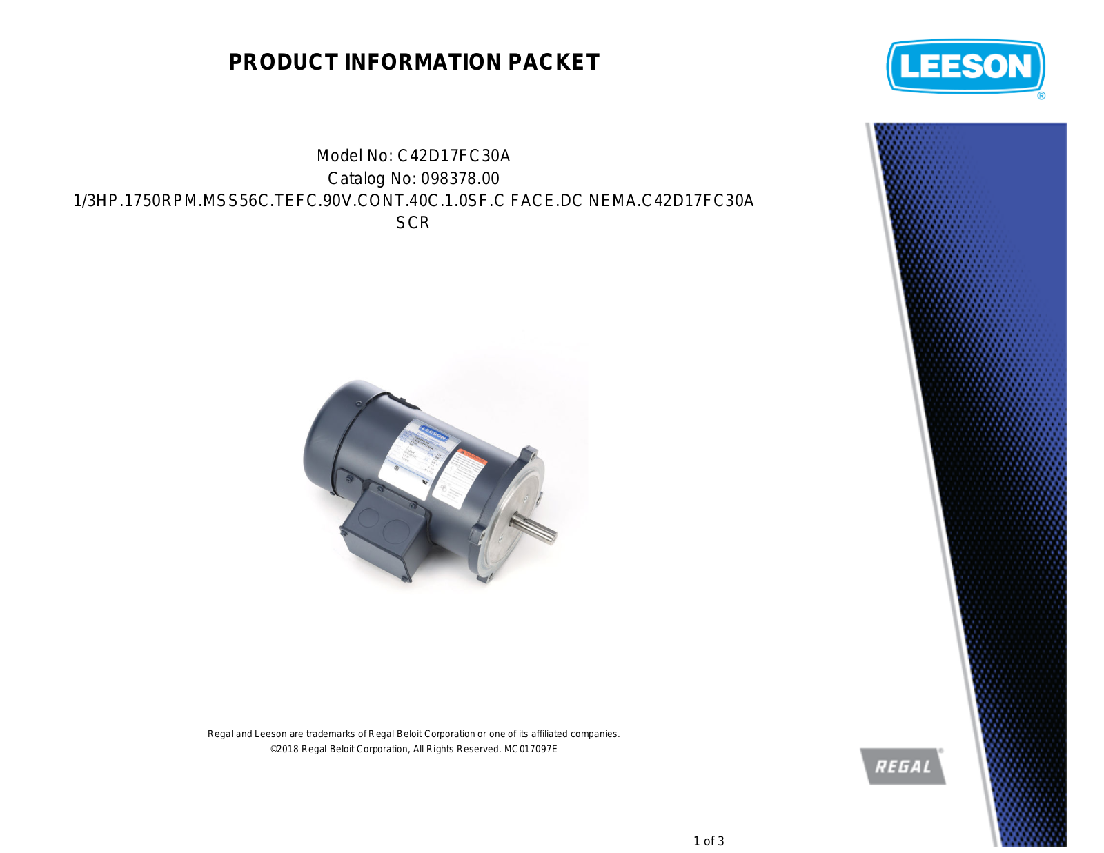 Leeson 098378.00 Product Information Packet