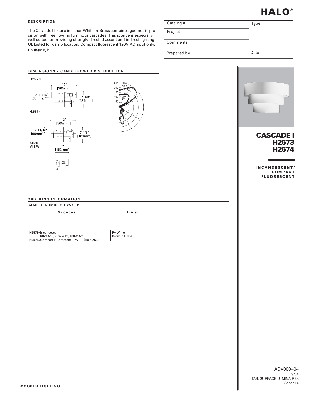 Cooper Lighting Cascade I, H2574 User Manual