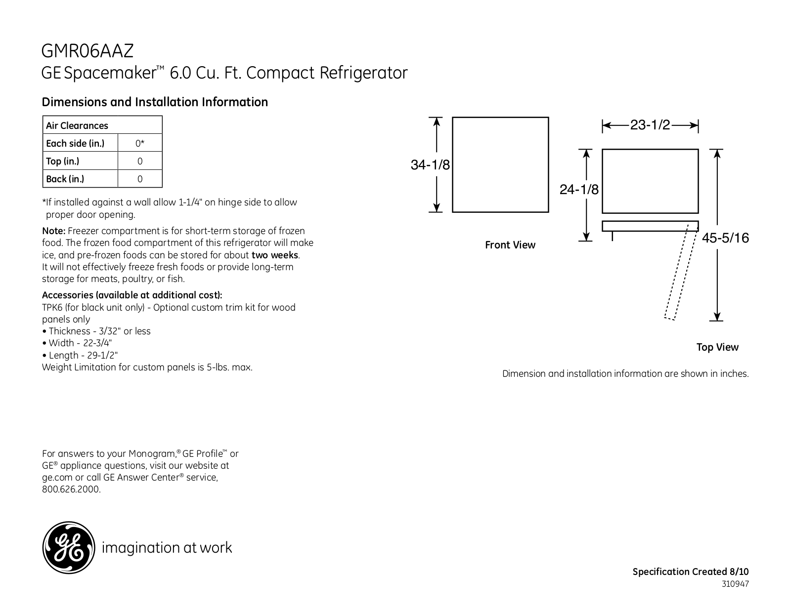 General Electric GMR06AAZBB User Manual