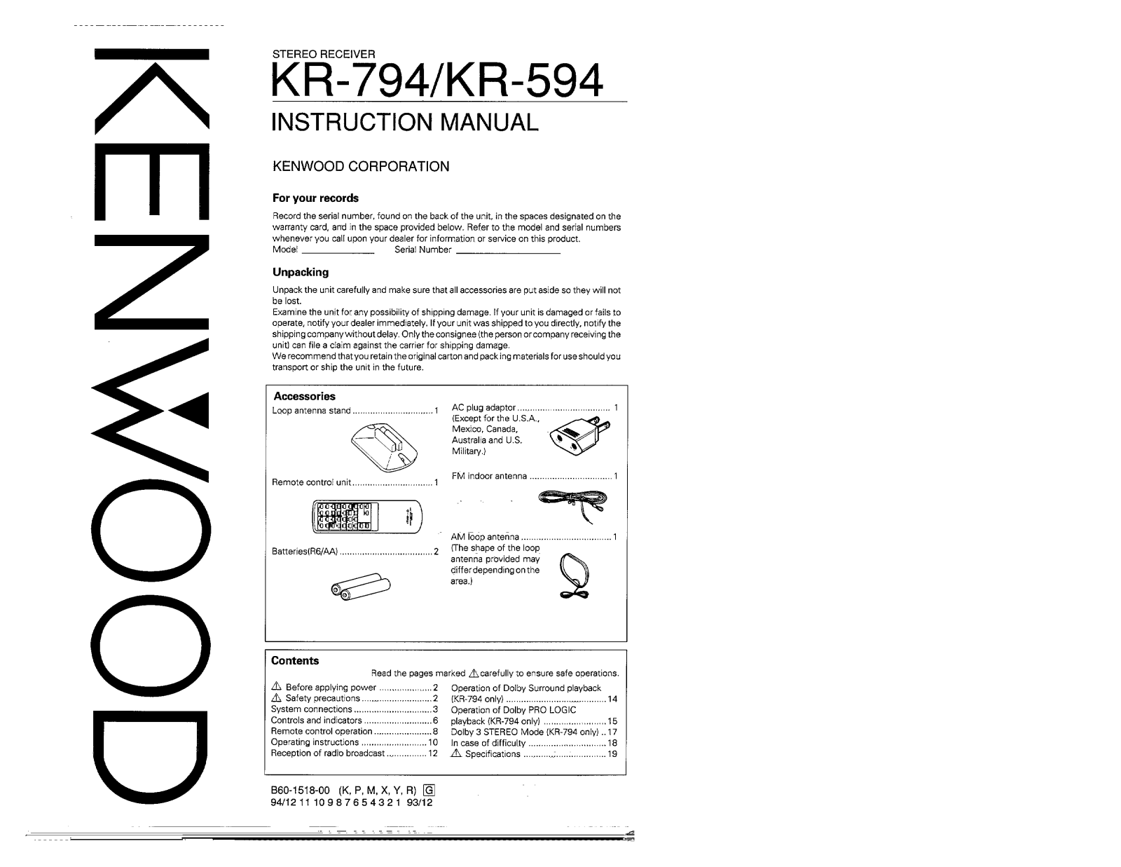 Kenwood KR-794, KR-594 Owner's Manual