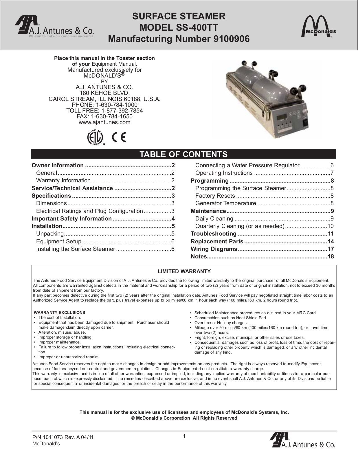 Antunes SS-400TT Installation  Manual