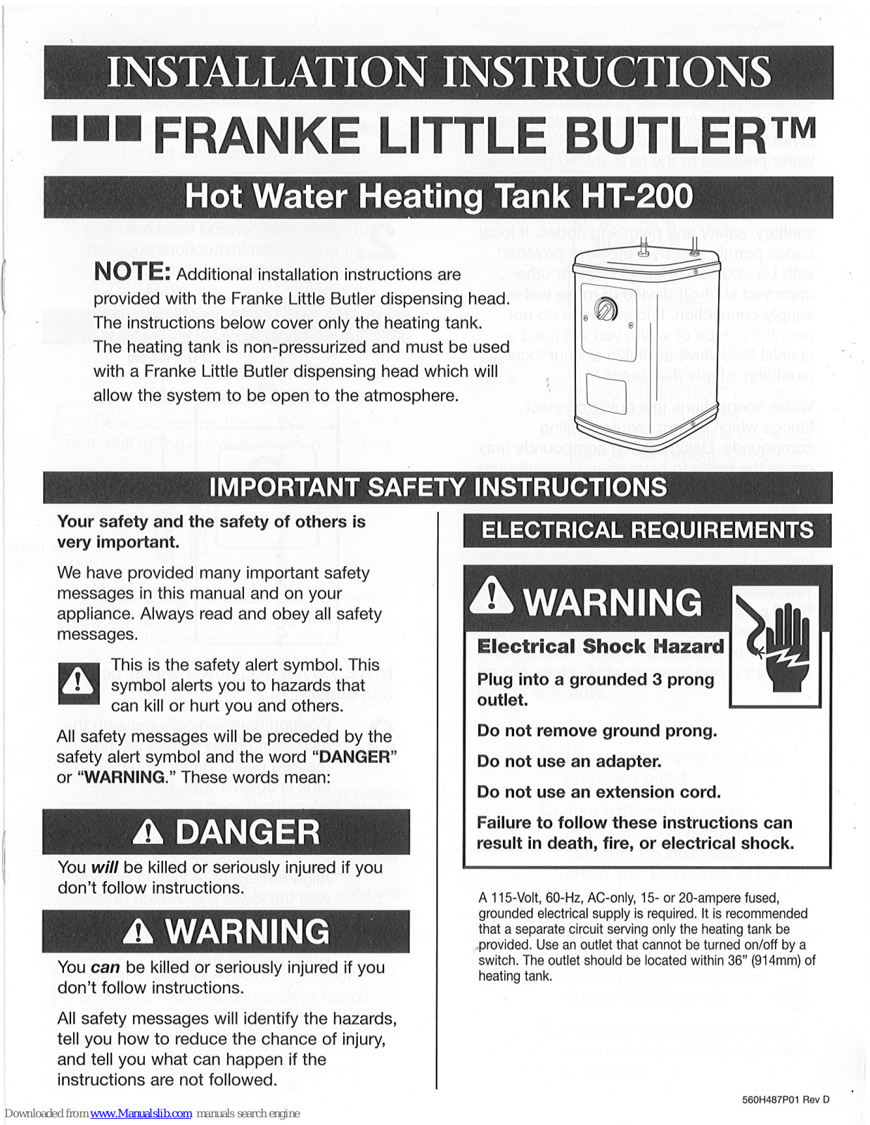 Franke HT-200 Installation Instructions Manual