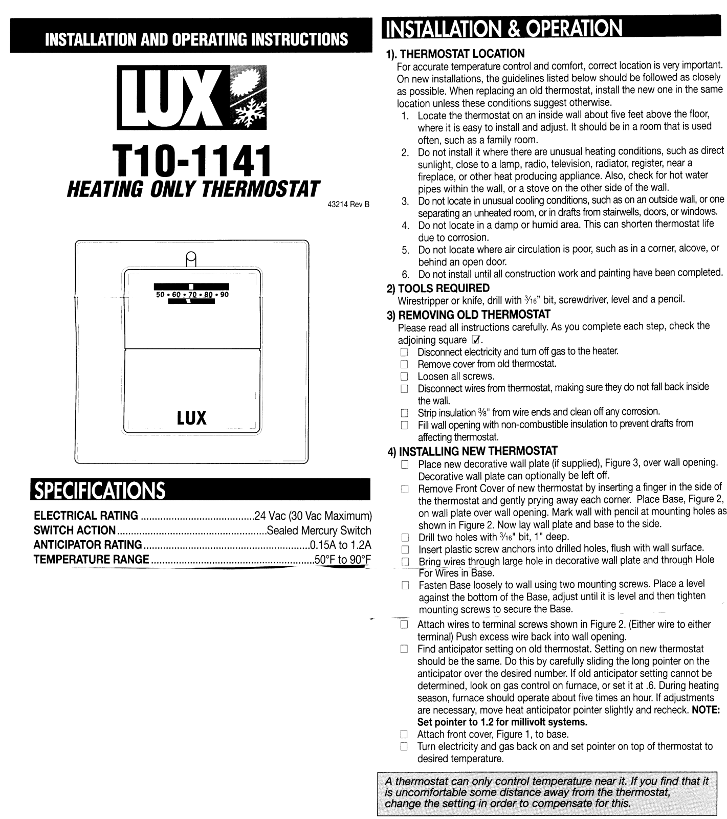 Lux Products T10-1141 User Manual