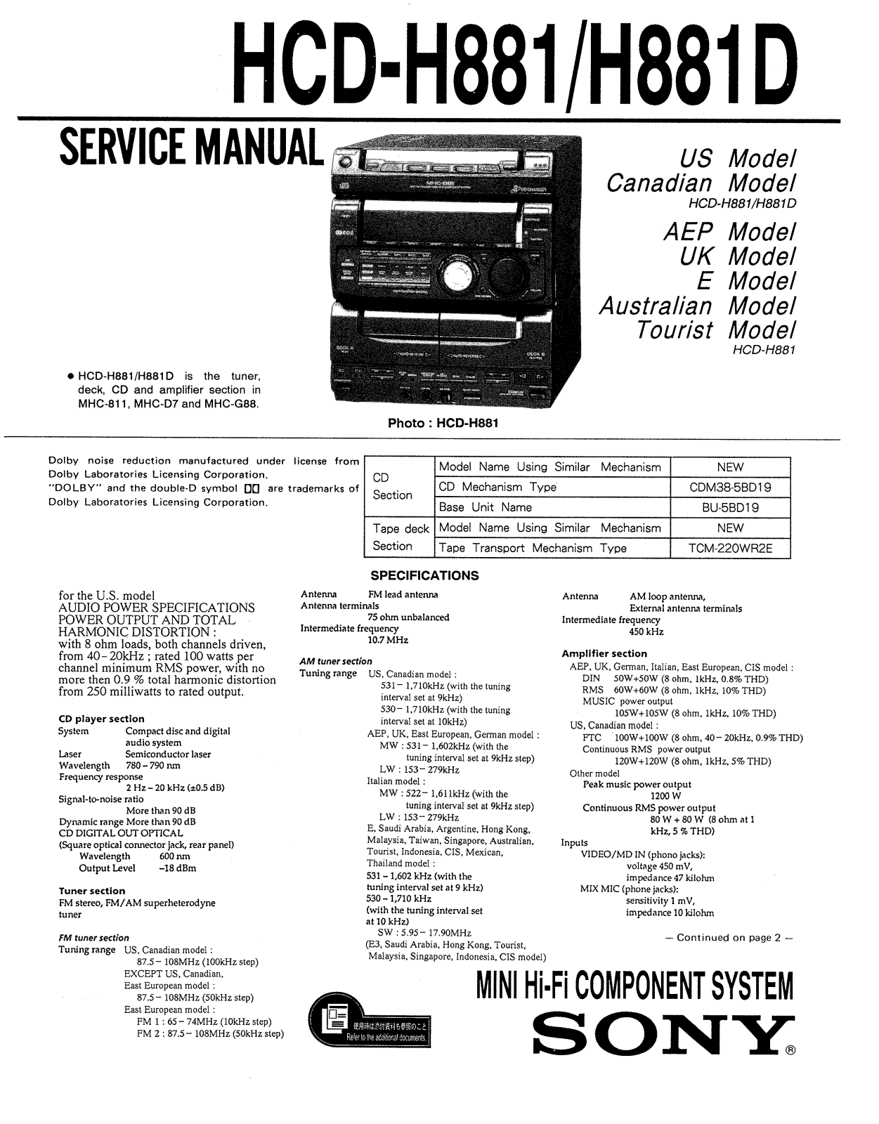 Sony HCD-H881, HCD-H881D Service manual