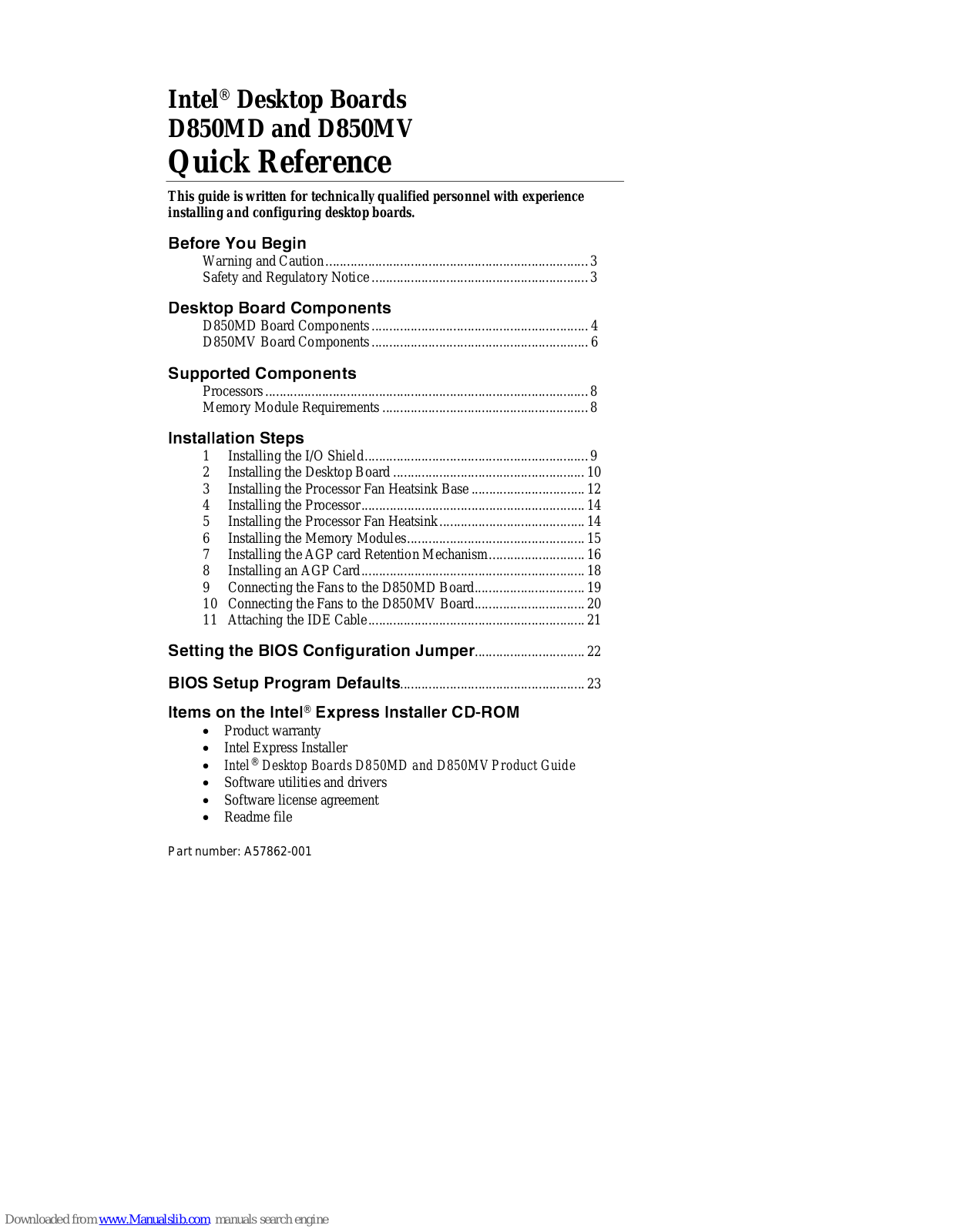 Intel BOXD850MVSE, D850MVSE, Desktop Board D850MD, Desktop Board D850MV Quick Reference Manual