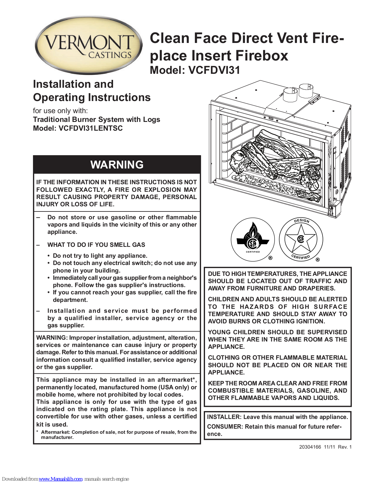 Vermont Castings VCFDVI31 Installation And Operating Instructions Manual