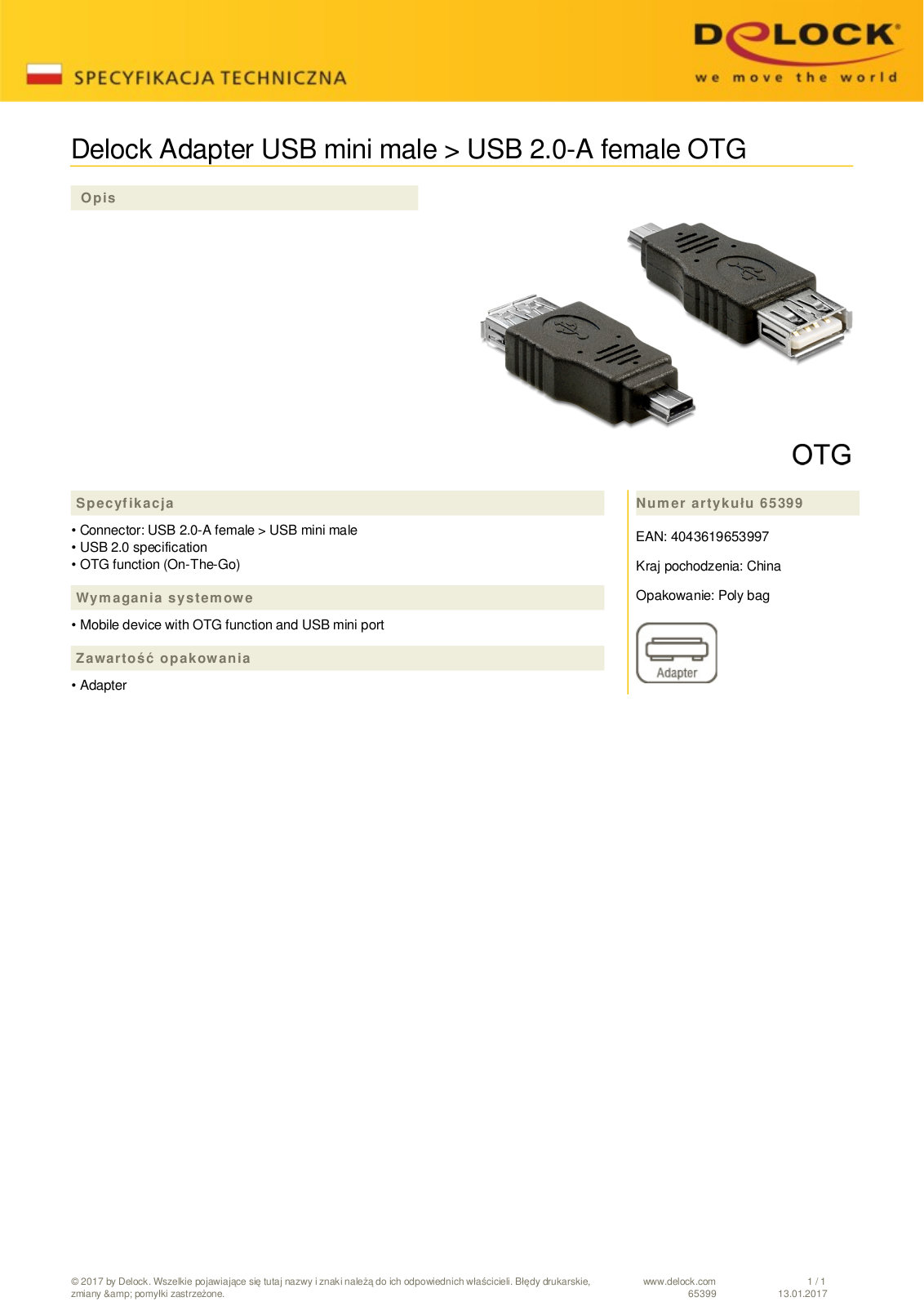 DeLOCK USB 2.0 adapter, mini-B  plug  to USB 2.0-A  socket User Manual