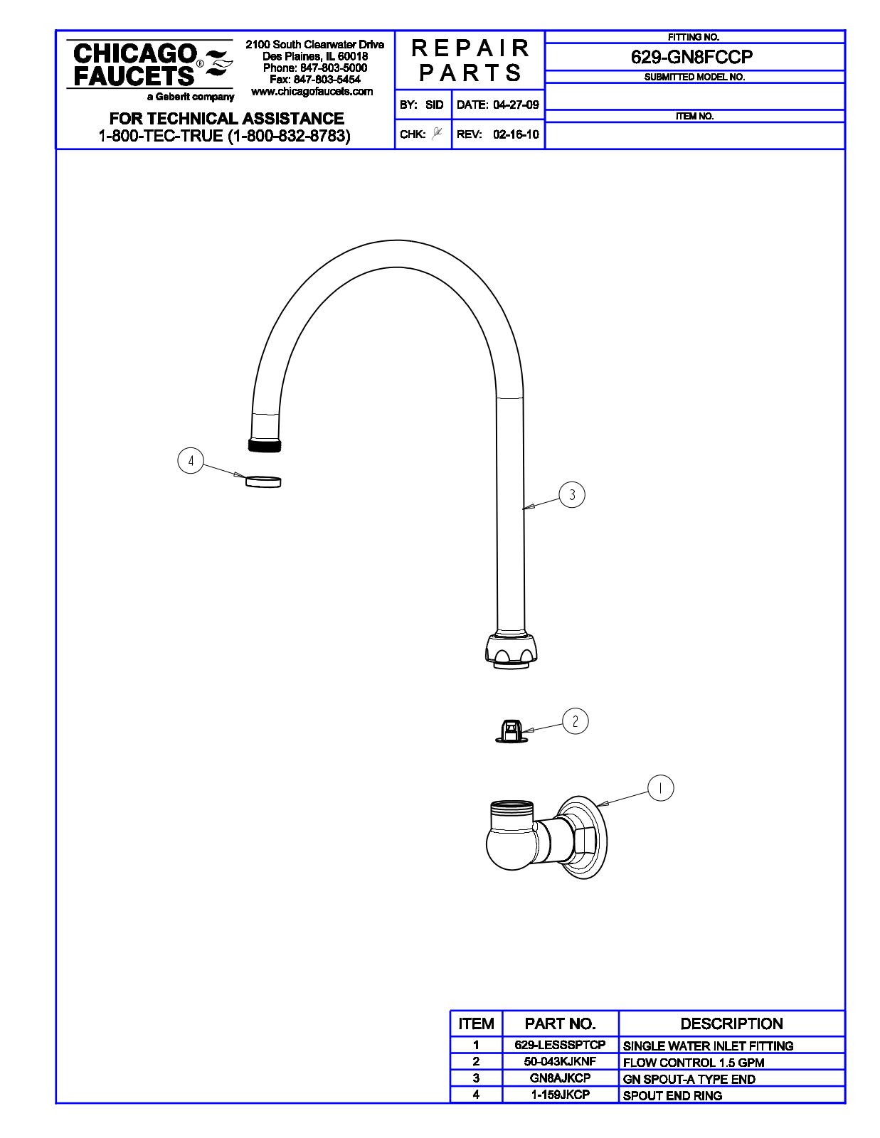 Chicago Faucet 629-GN8FC Parts List