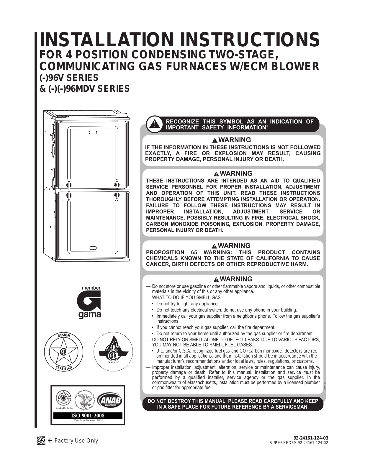 Rheem 96v series, 96mdv series Installation Instructions Manual