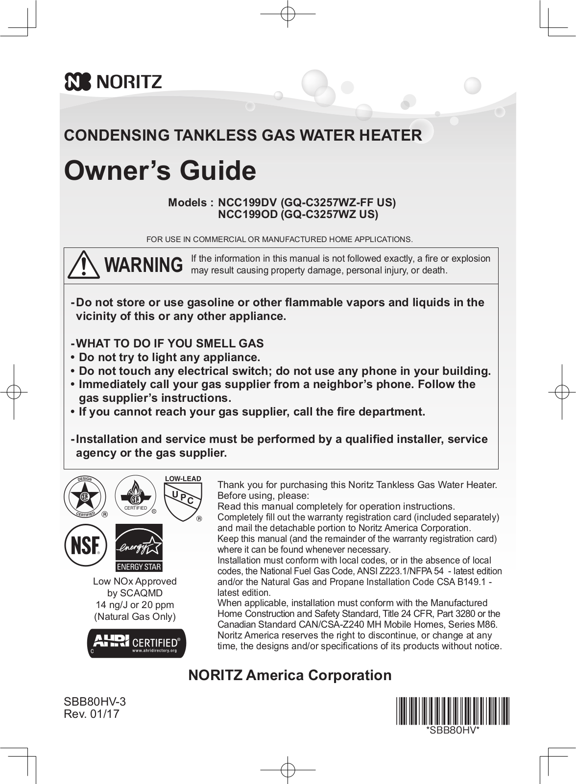 Noritz America NCC199DV, NCC199OD User Manual