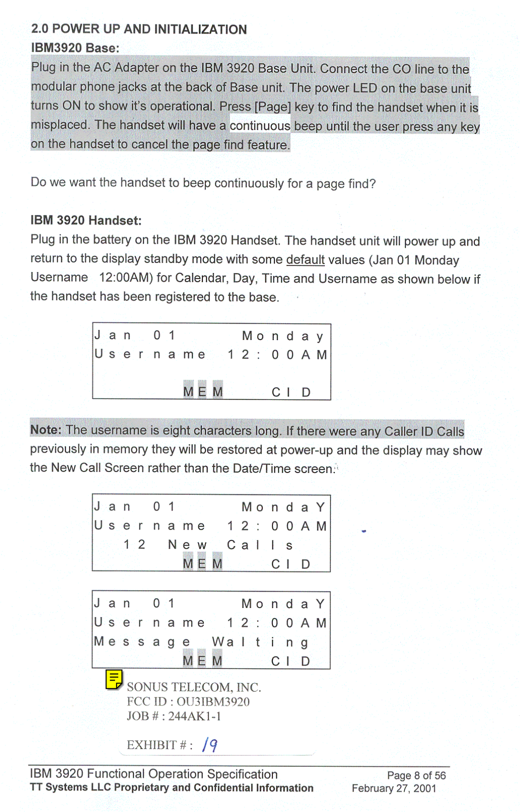 Sonus Telecom IBM3920 Users Manual