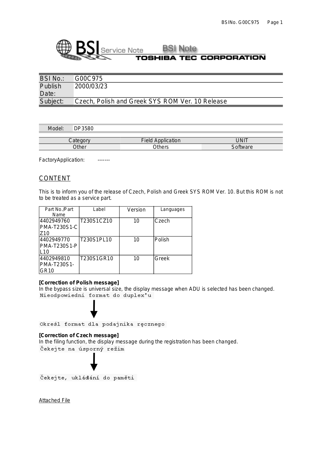 Toshiba g00c975 Service Note