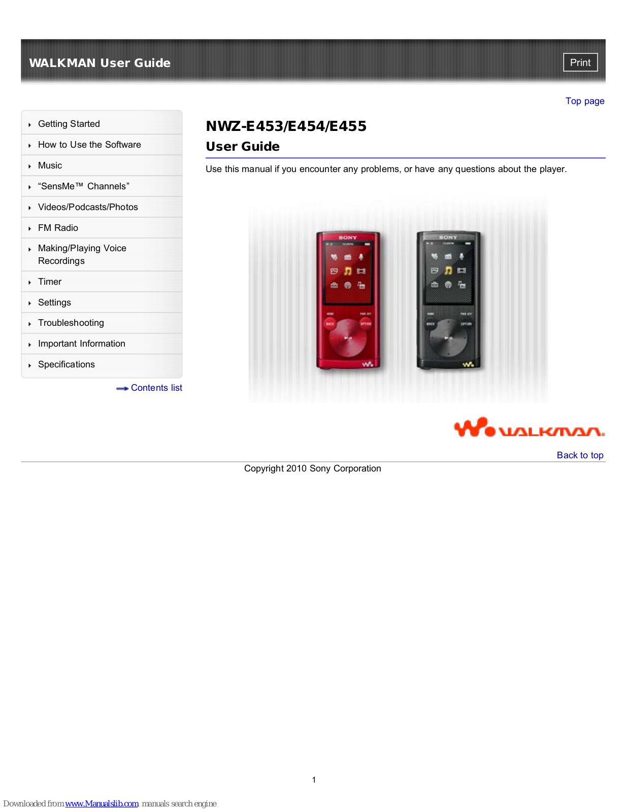 Sony Walkman NWZ-E455, Walkman NWZ-E453, Walkman NWZ-E454 User Manual