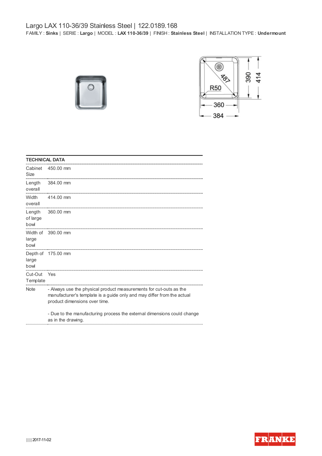 Franke LAX110-36/39 Specifications Sheet