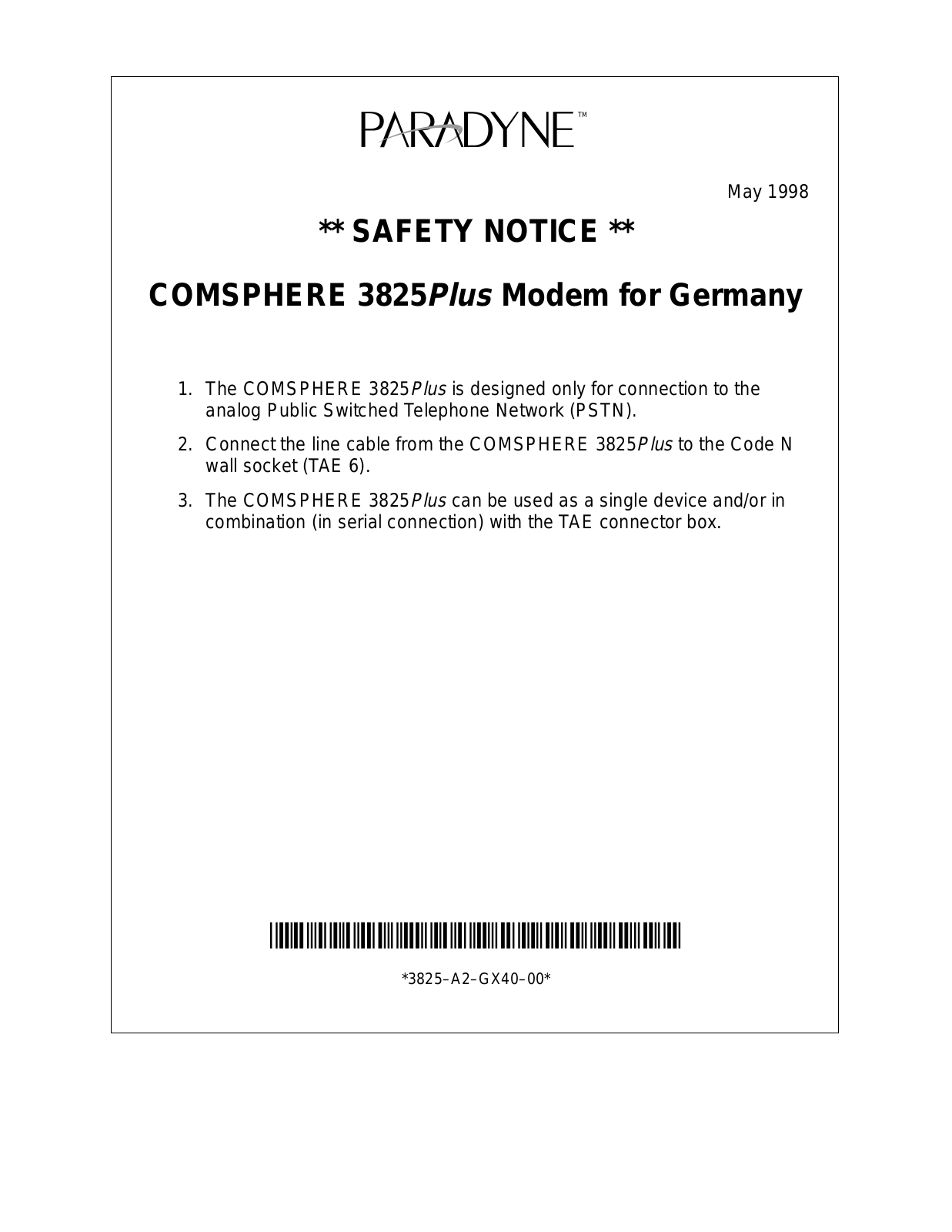 Paradyne 3825-A2-GX40-00 User Manual