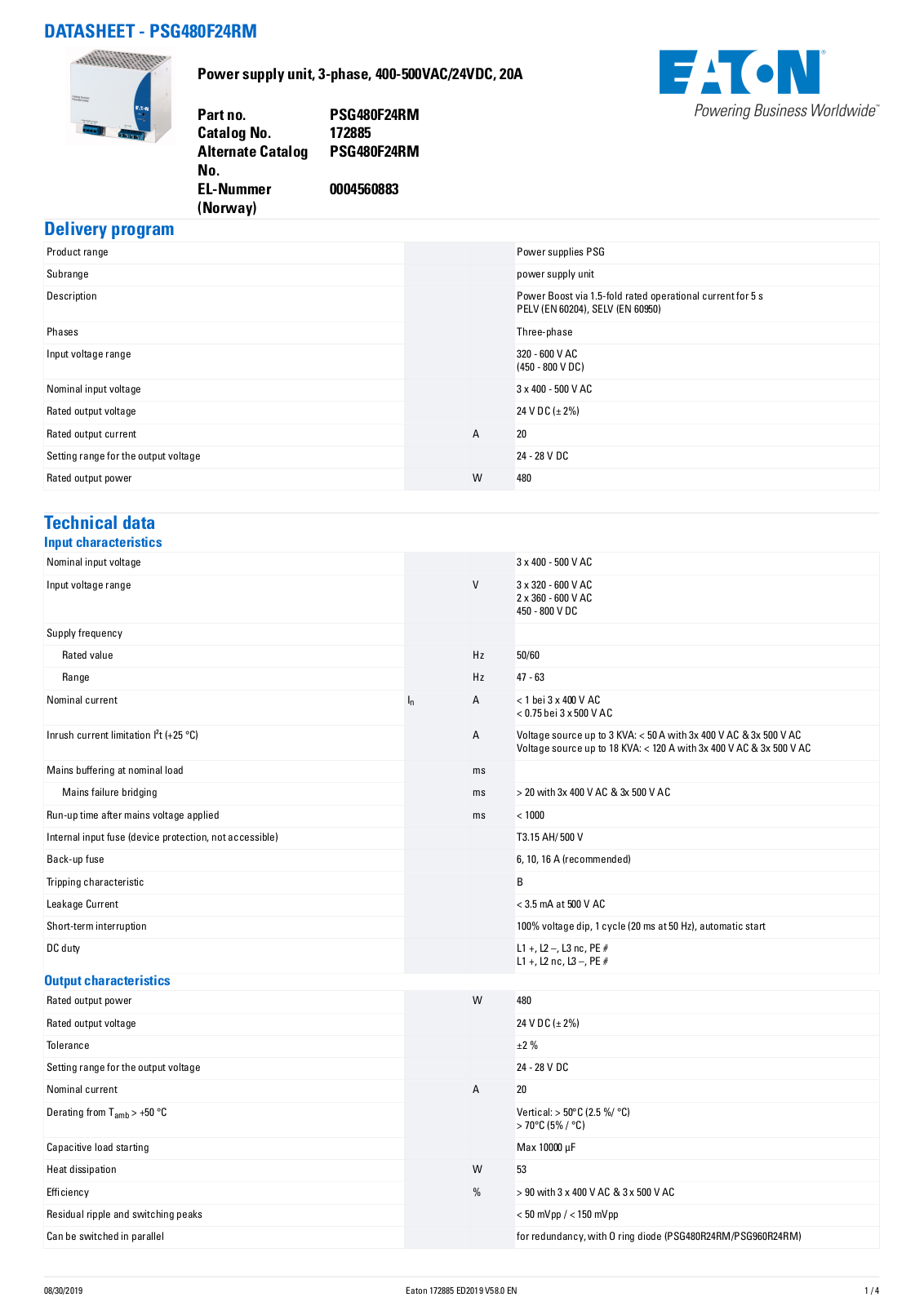 Cutler Hammer, Div of Eaton Corp PSG480F24RM Data Sheet