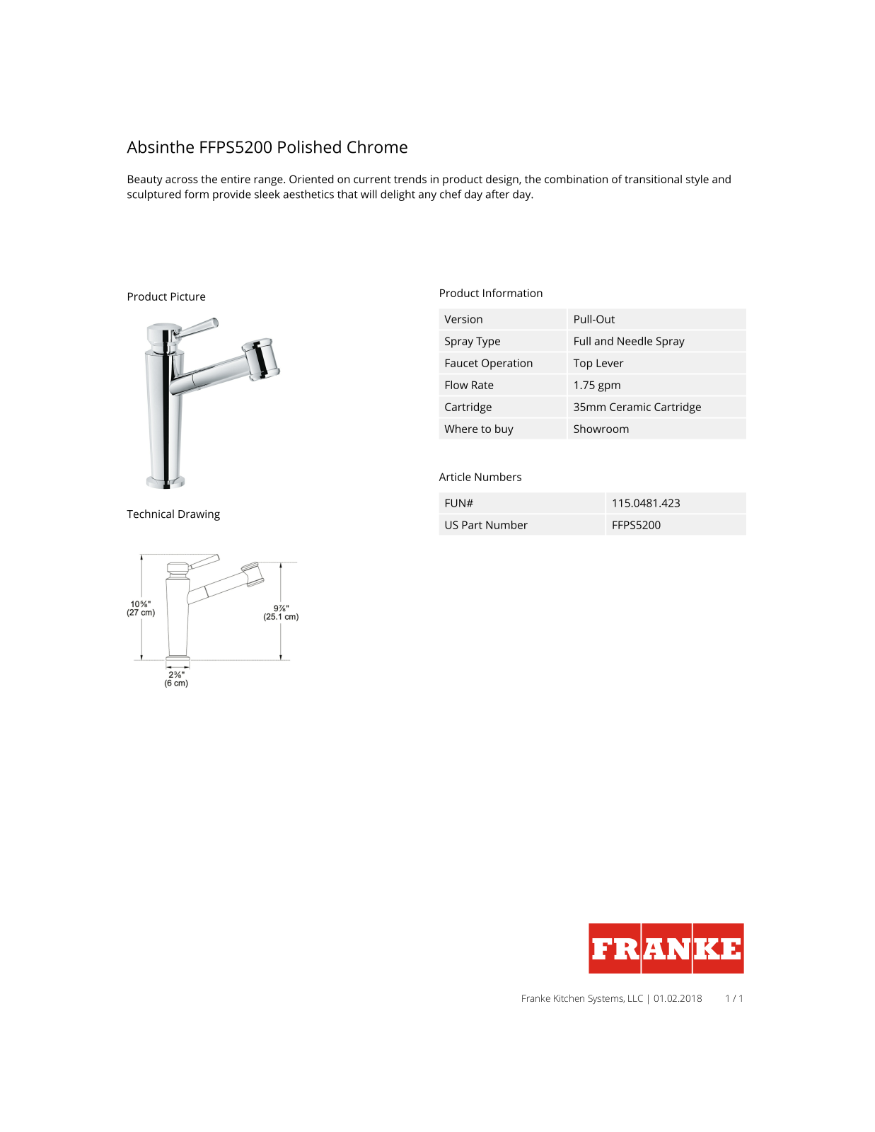 Franke FFPS5200 Specs