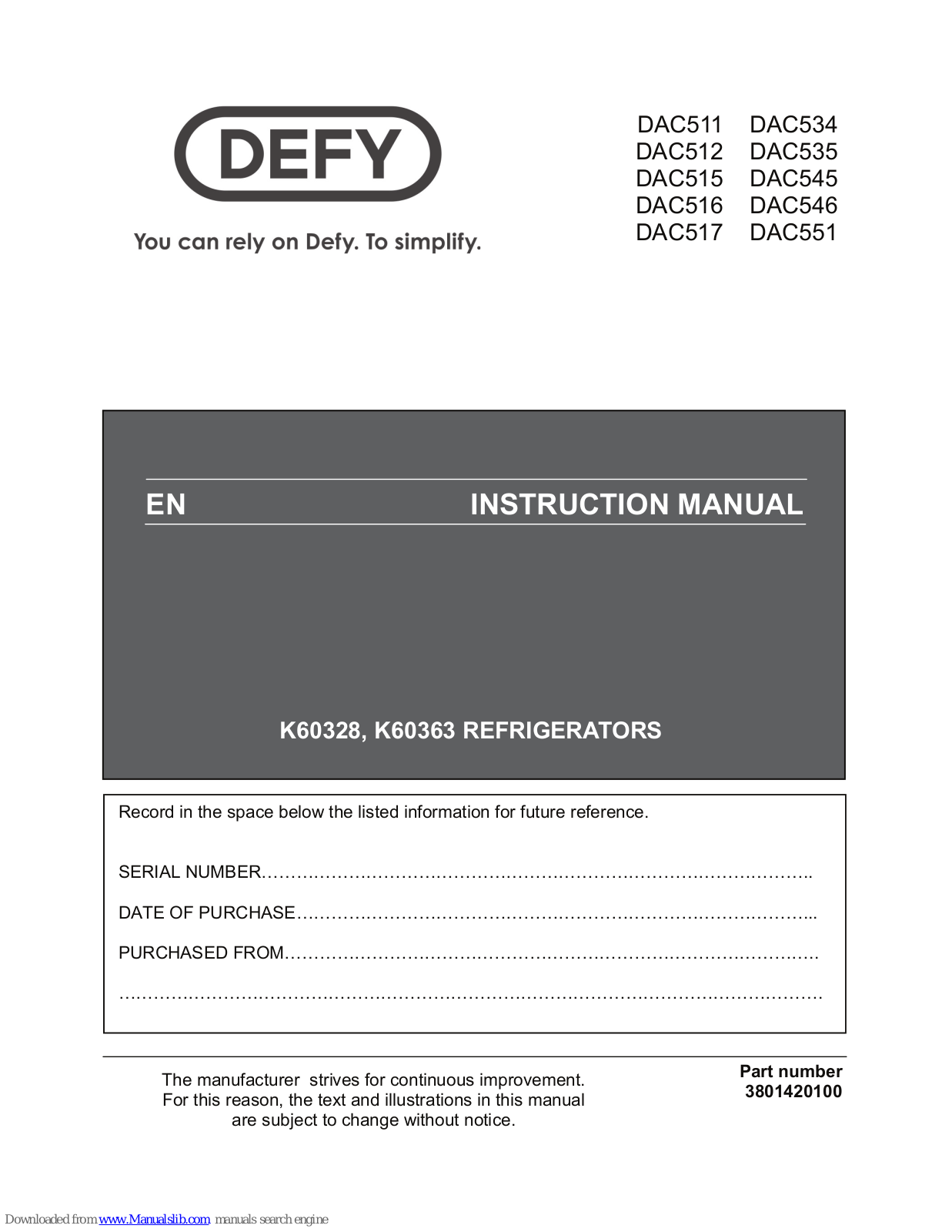 Defy K60328, K60363 Instruction Manual