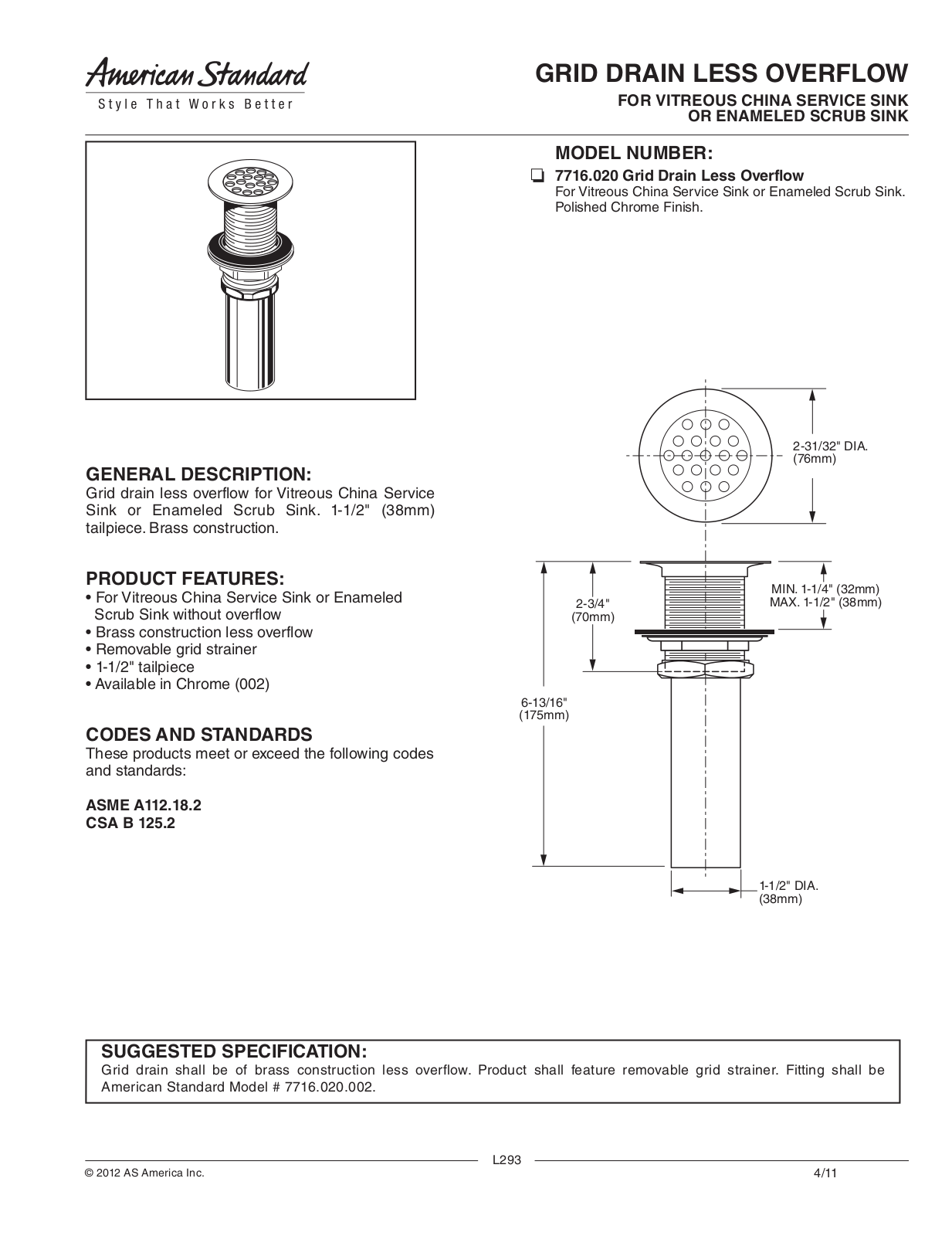 American Standard ASD4155 Specifications - ManualMachine.com