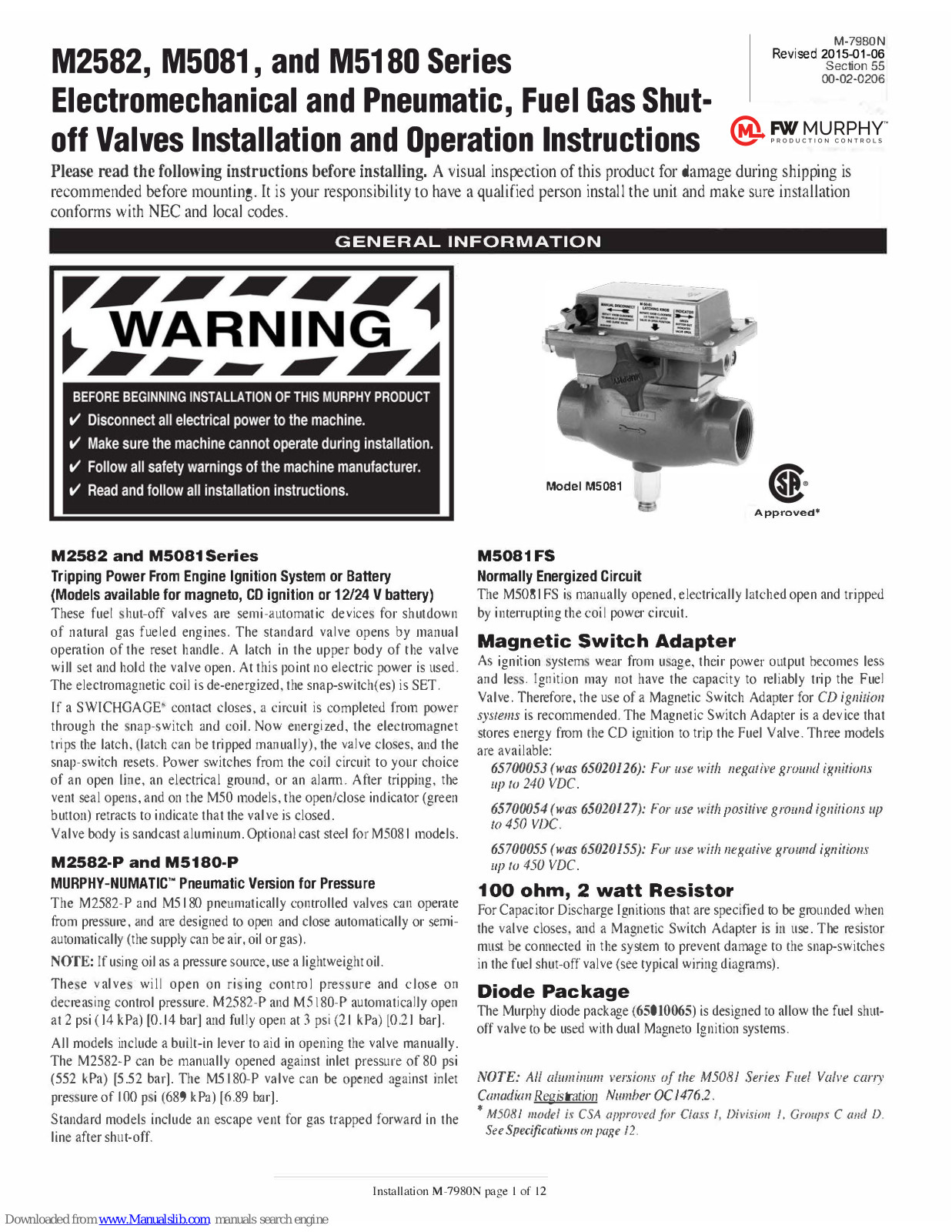 Murphy M2582, M5180, M5081, NUMATIC M5180-P, M5081FS Installation And Operation Instructions Manual