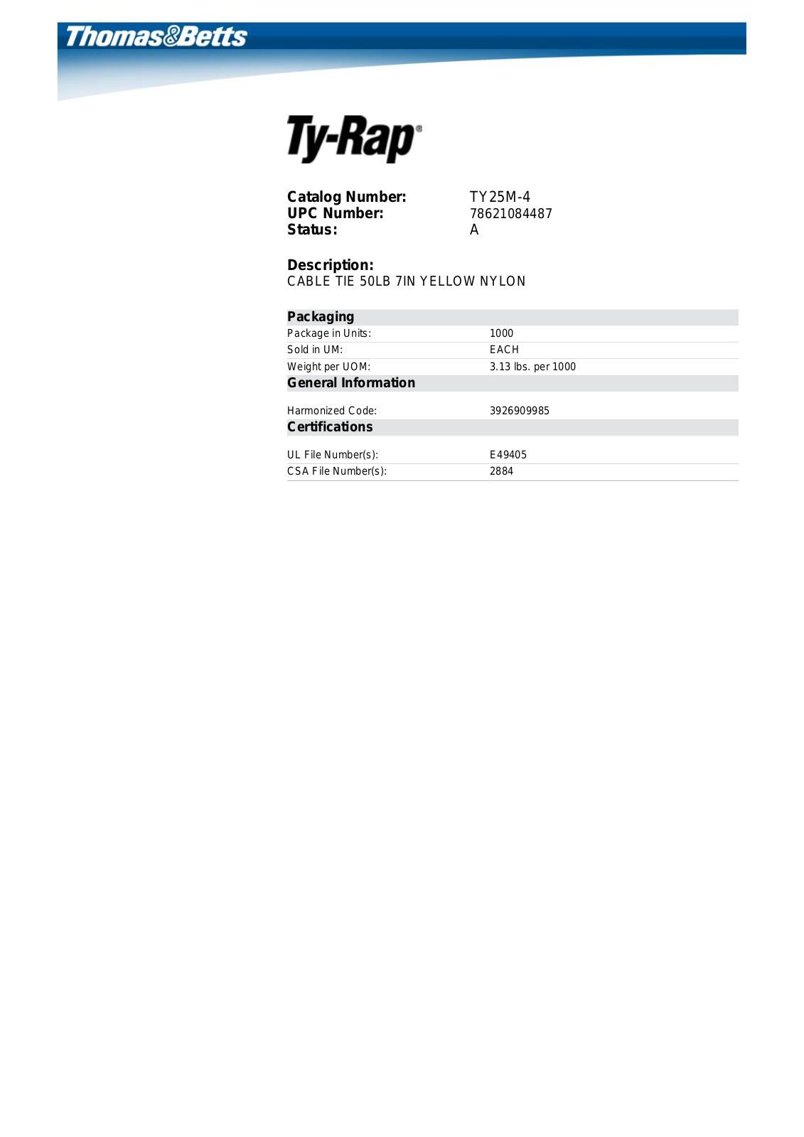 Thomas & Betts TY25M-4 Data Sheet