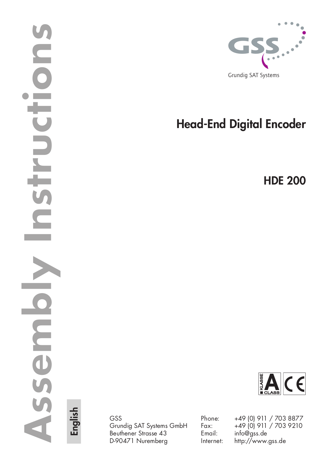 GSS HDE 200 Assembly Instructions Manual