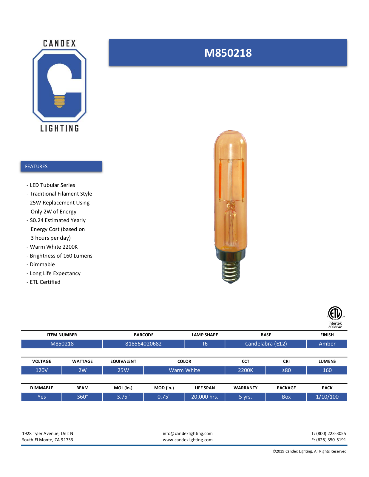 Candex Lighting CNDX1018 Specifications - ManualMachine.com