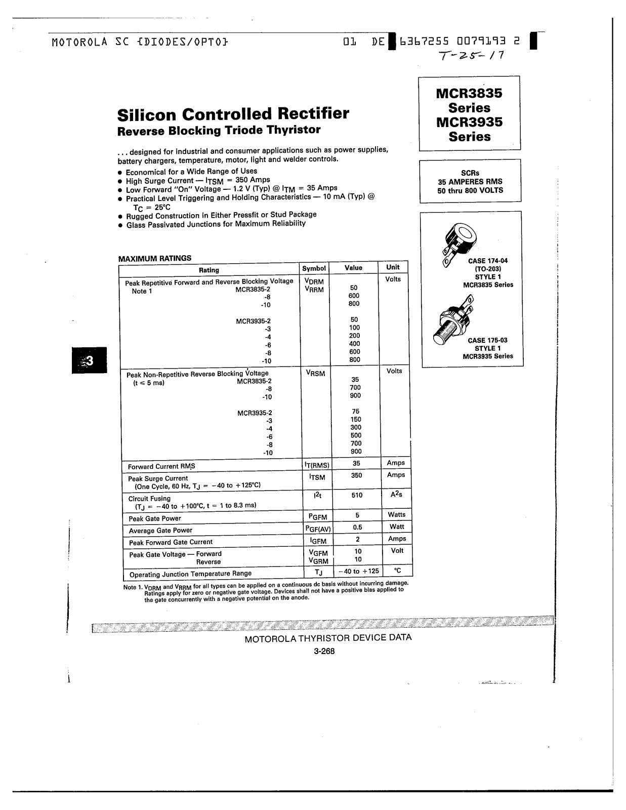 MOTOROLA MCR3835, MCR3935 Technical data