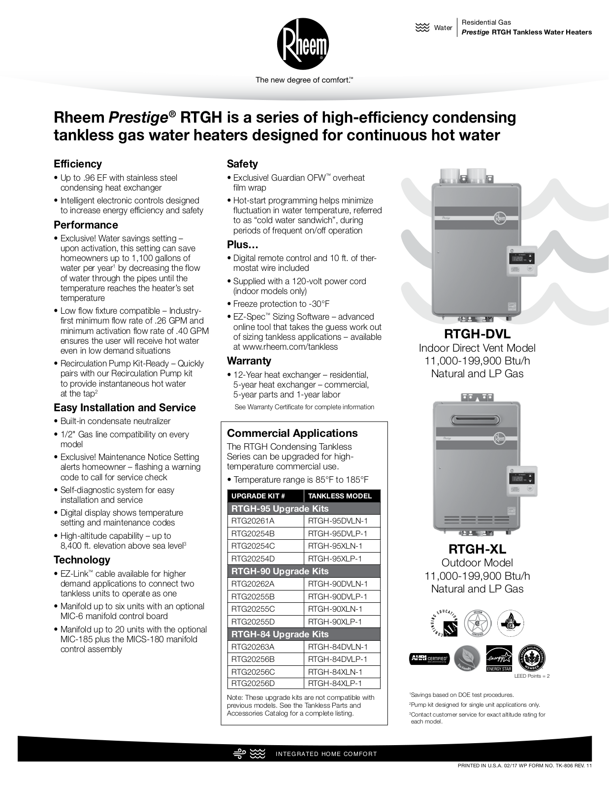 Rheem RTGH95XLP1, RTGH90DVLN1 Specifications