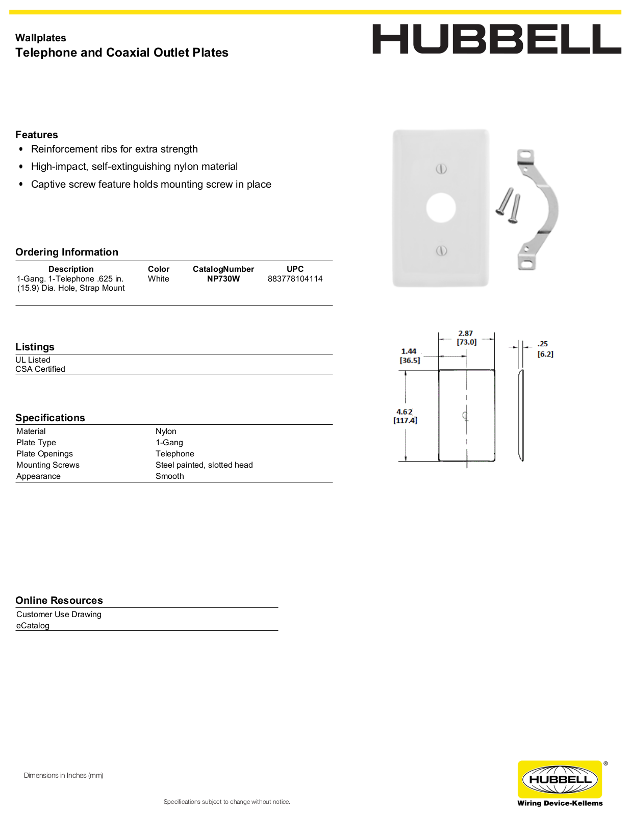 Hubbell NP730W Specifications