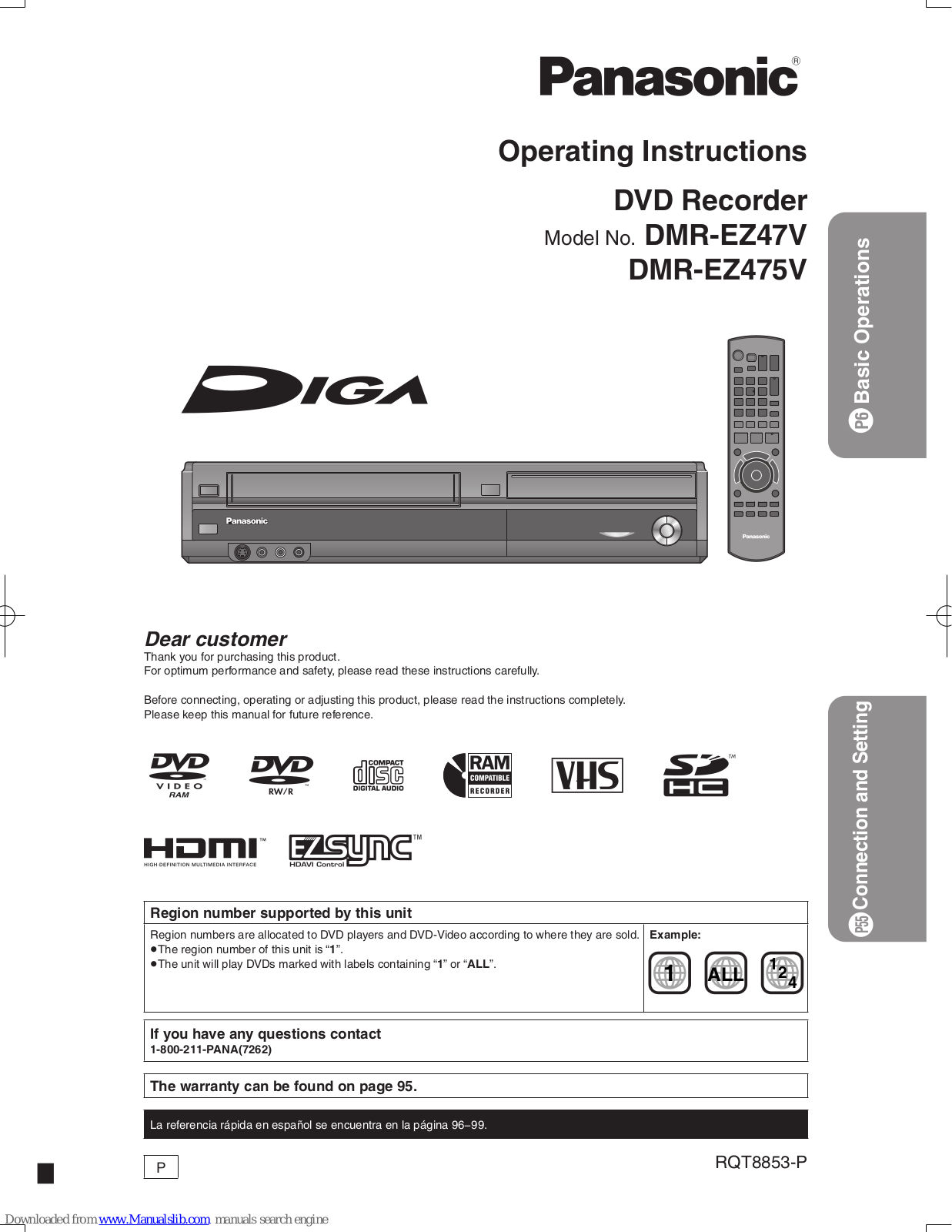 Panasonic Diga DMR-EZ47, Diga DMR-EZ475, Diga DMR-EZ47V, DMR-EZ47K, DMR-EZ475VK - DIGA - DVD Operating Instructions Manual